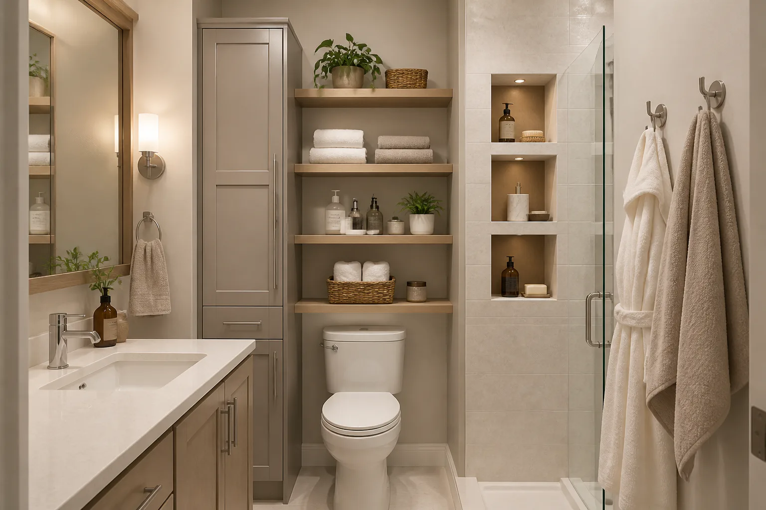 Modern bathroom with shelves and shower