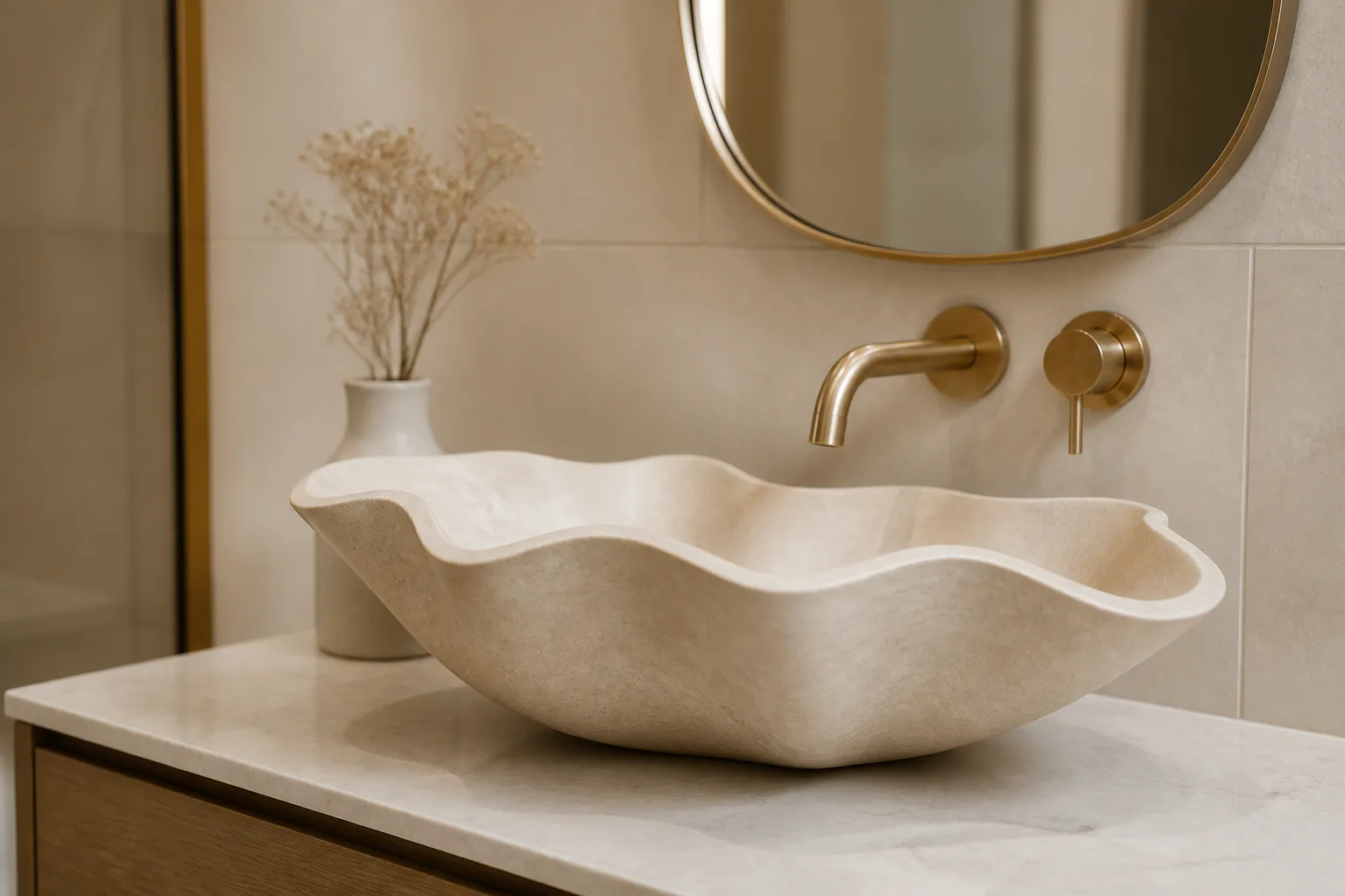 Modern bathroom sink with gold faucet