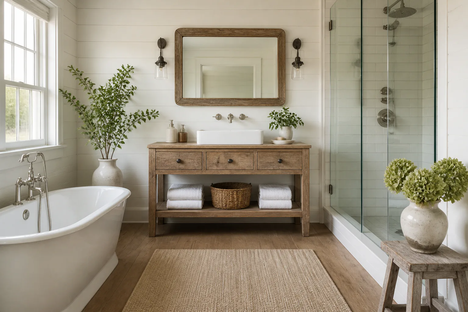 Bright rustic bathroom with tub and shower