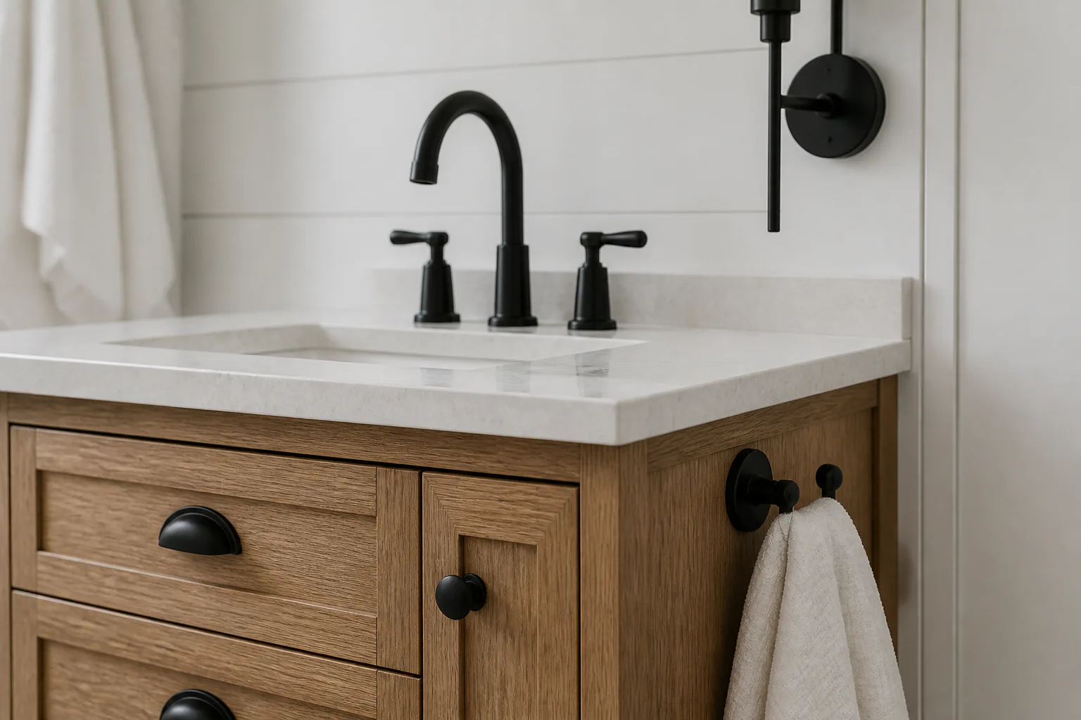 Modern bathroom vanity with black faucet
