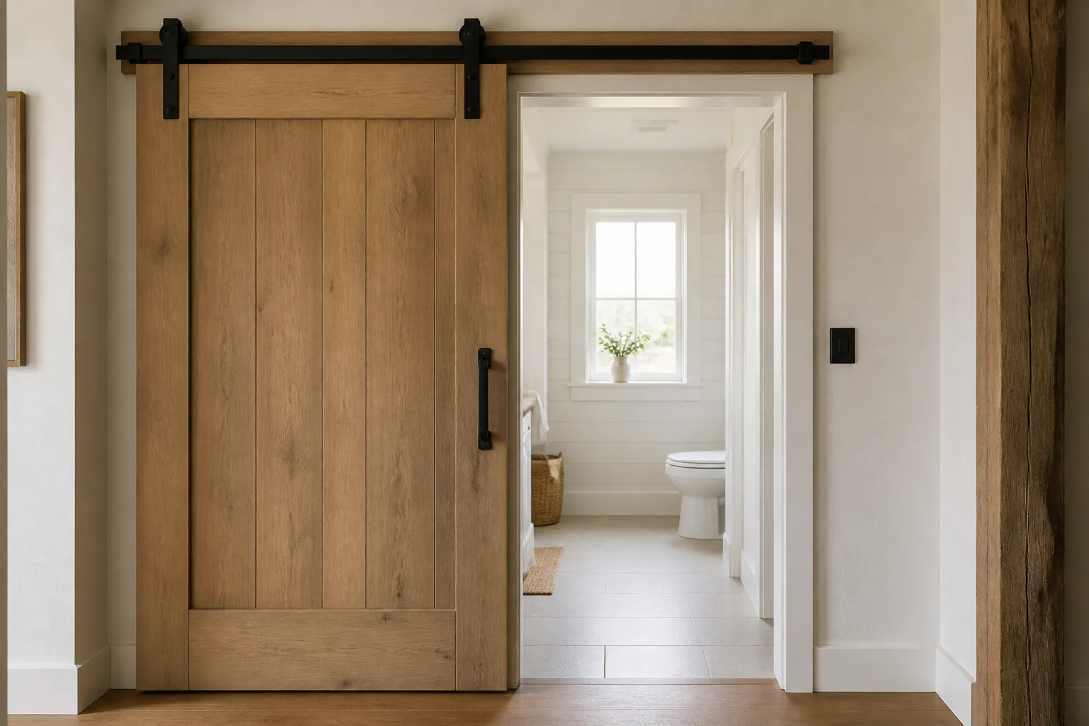 Wooden barn door to modern bathroom