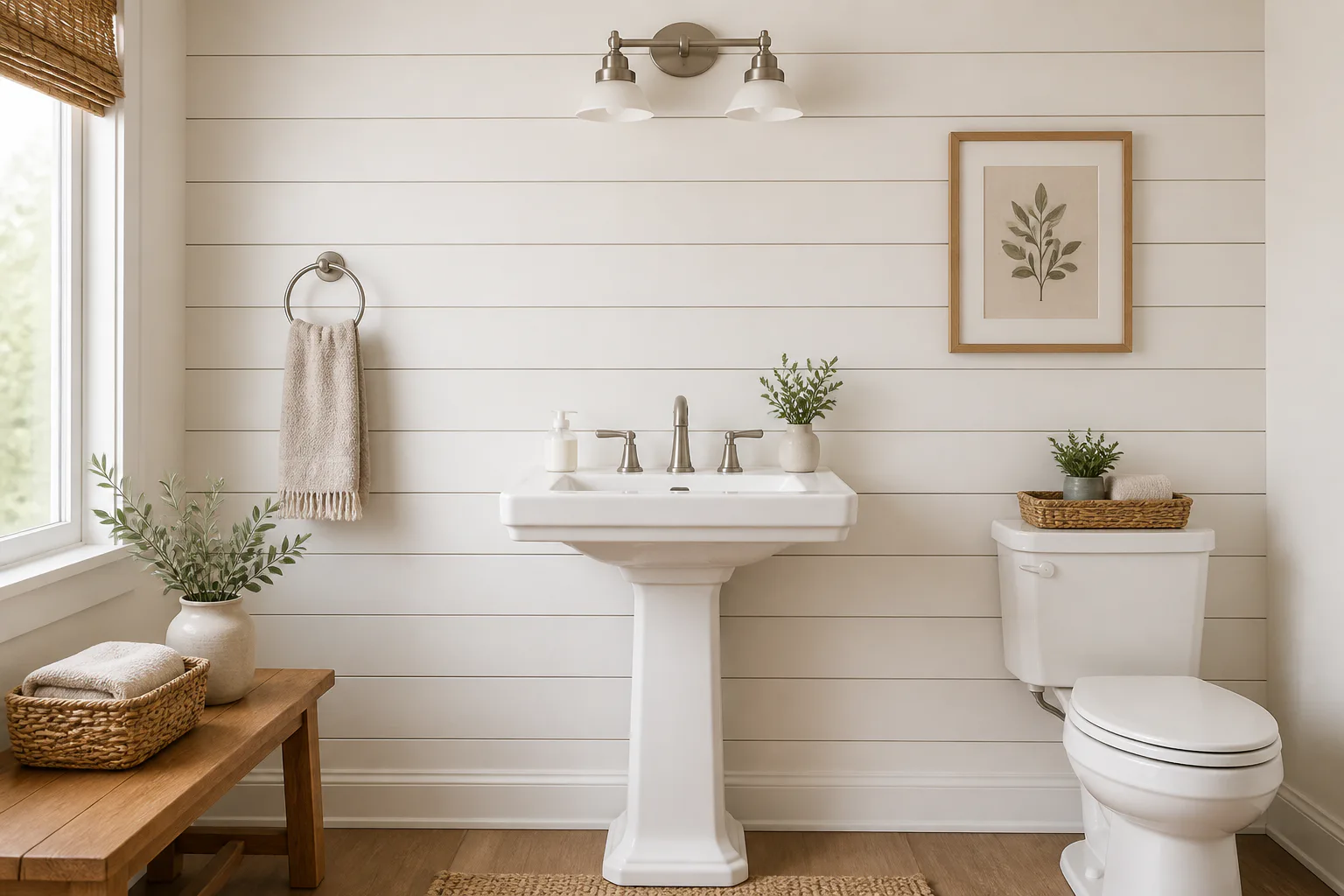 Bright modern bathroom with shiplap wall