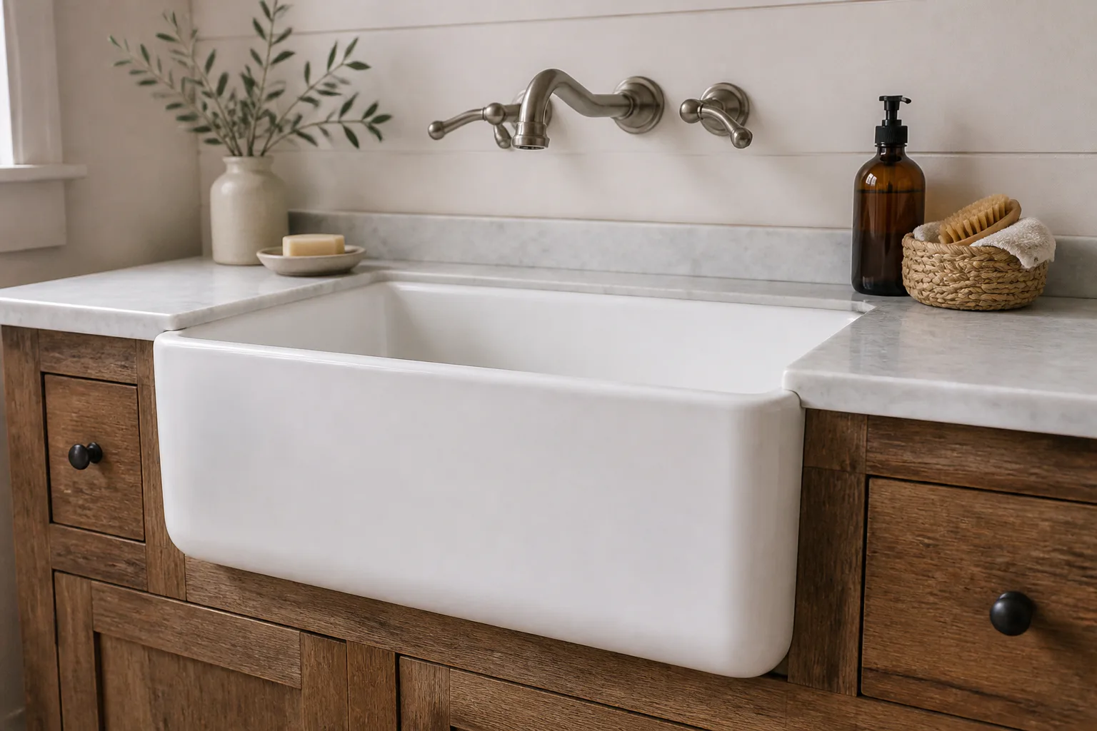 Farmhouse sink with marble countertop