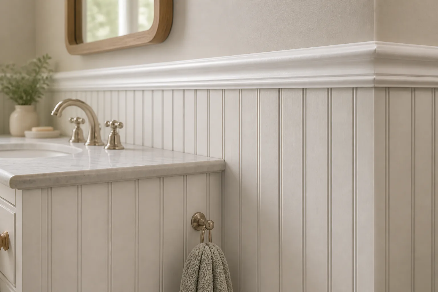 Bathroom vanity with beadboard wainscoting