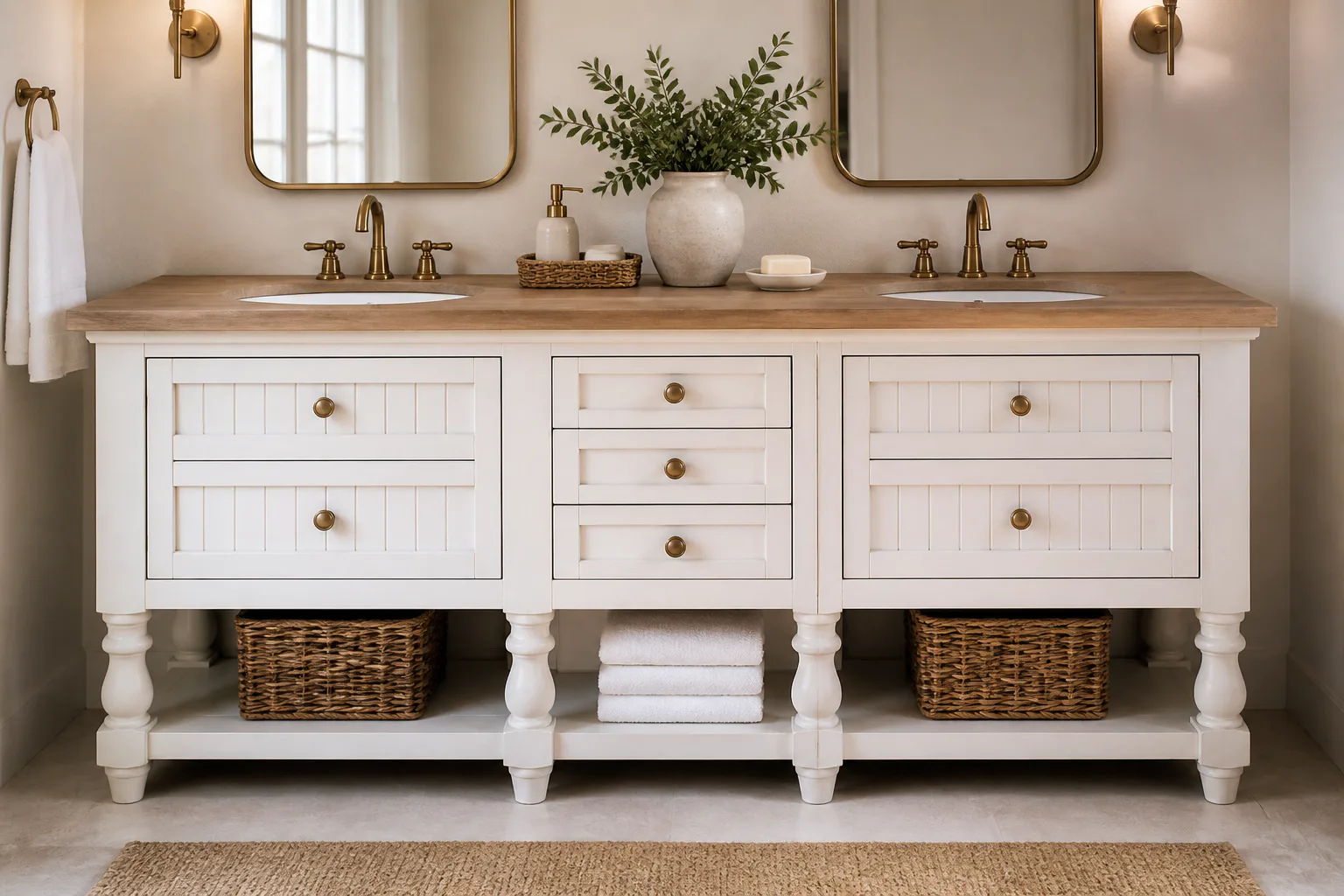 Double-sink bathroom vanity with baskets