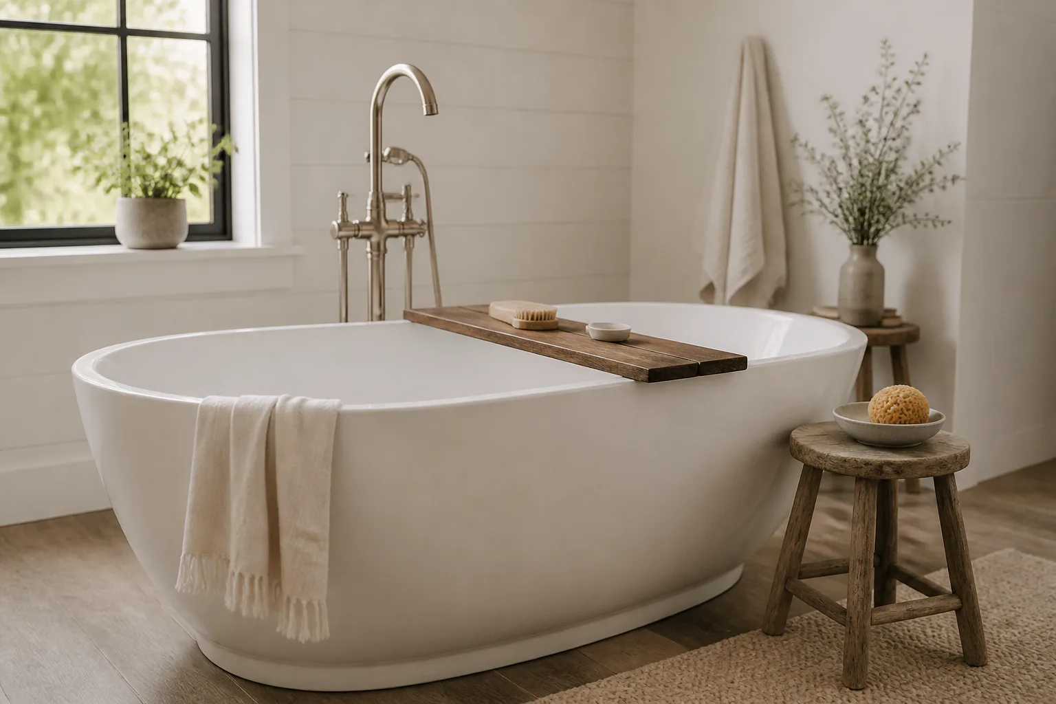 Modern freestanding bathtub in bright bathroom