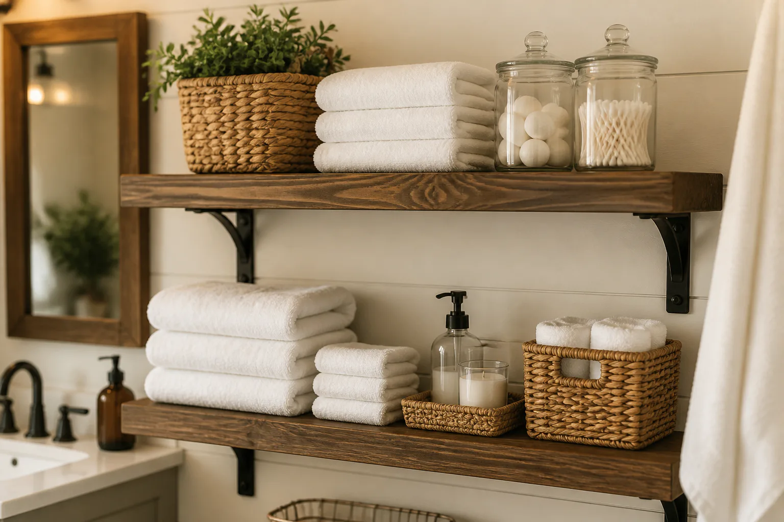 Organized bathroom shelves with towels