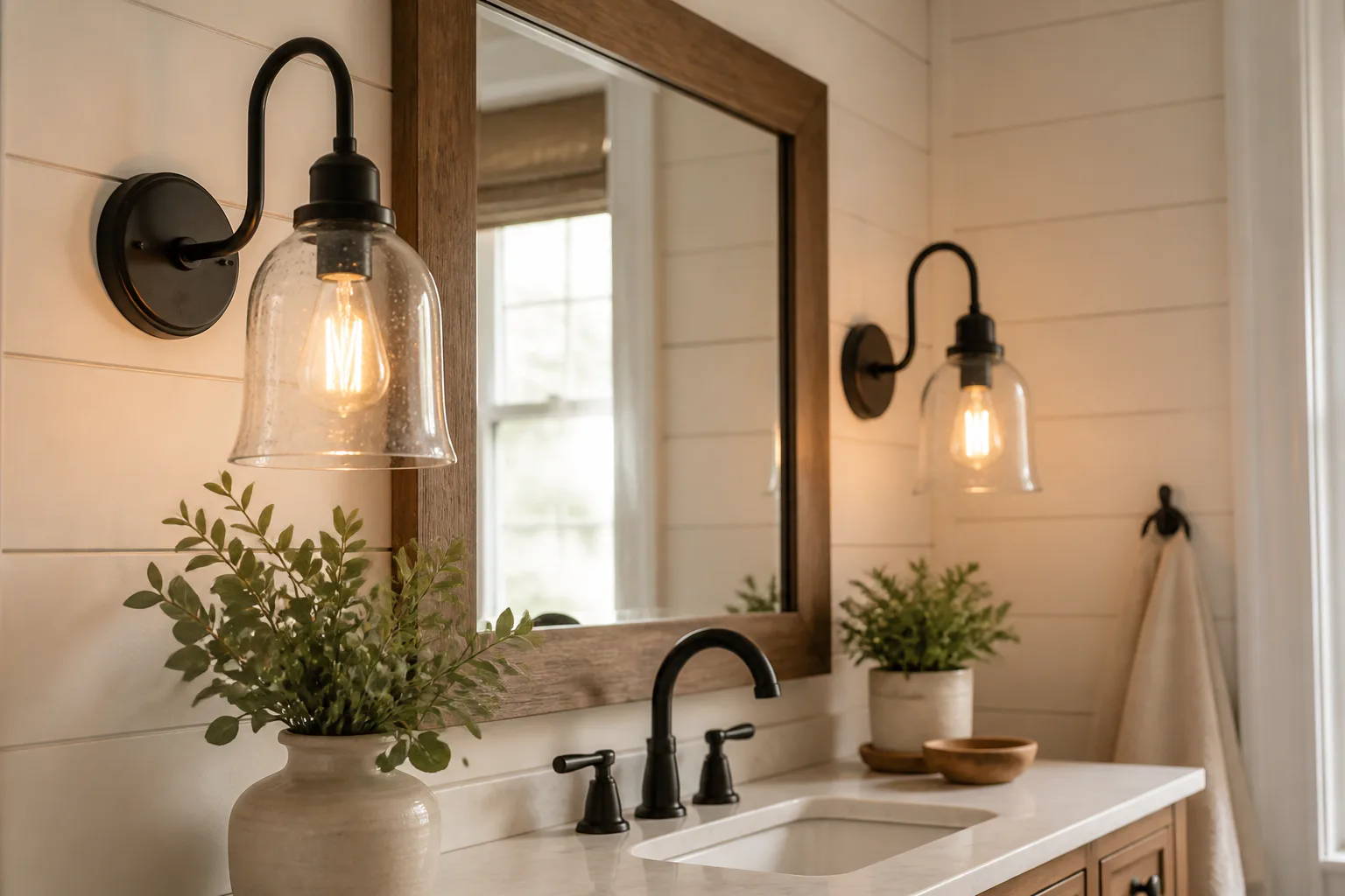 Rustic bathroom vanity and sconces
