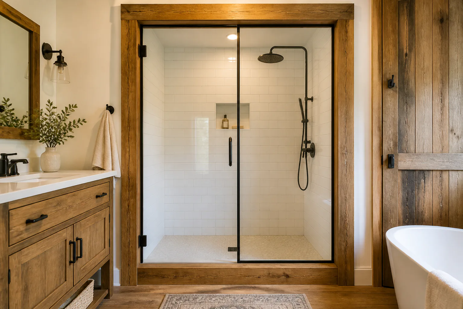 Rustic bathroom with glass shower