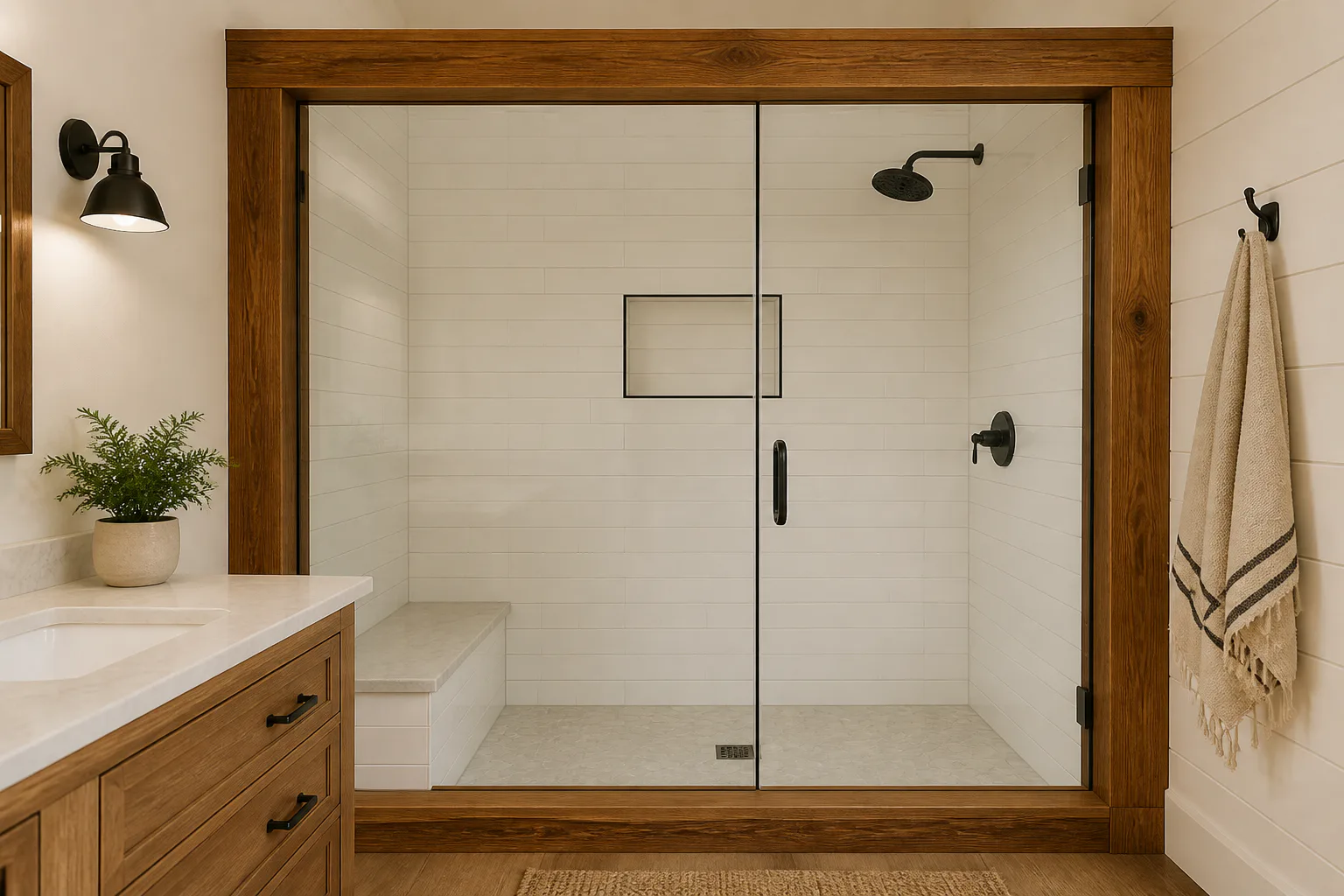 Modern walk-in shower with wood trim