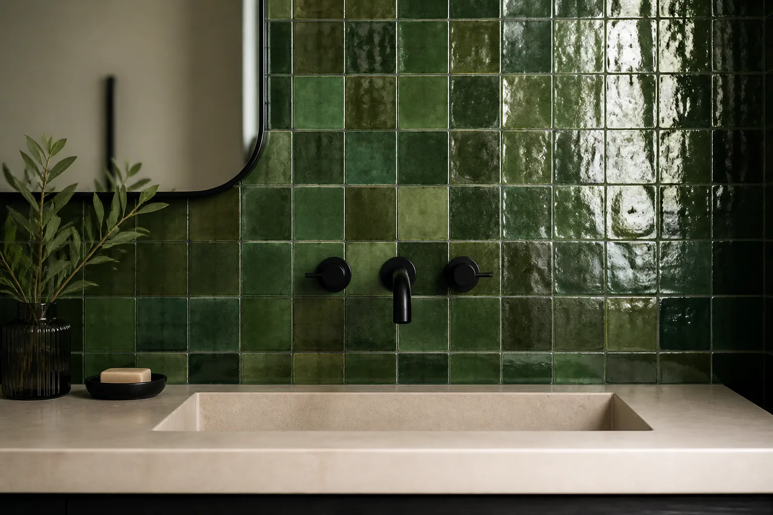 Green tiled bathroom sink and faucet