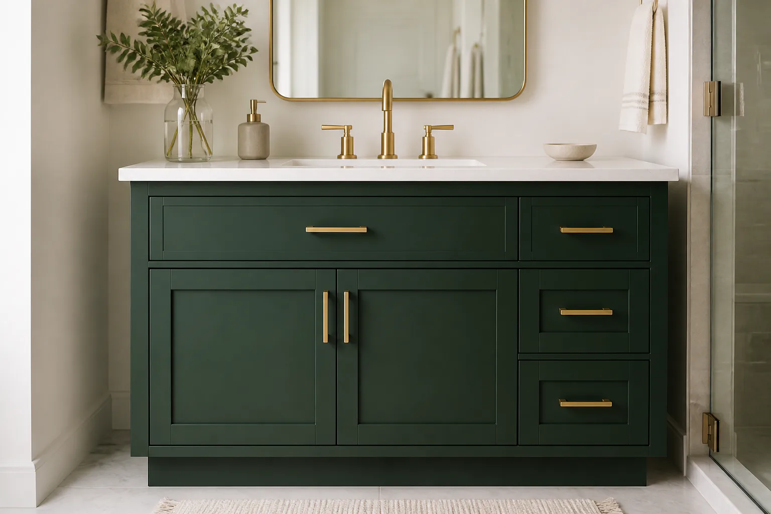 Green bathroom vanity with gold fixtures
