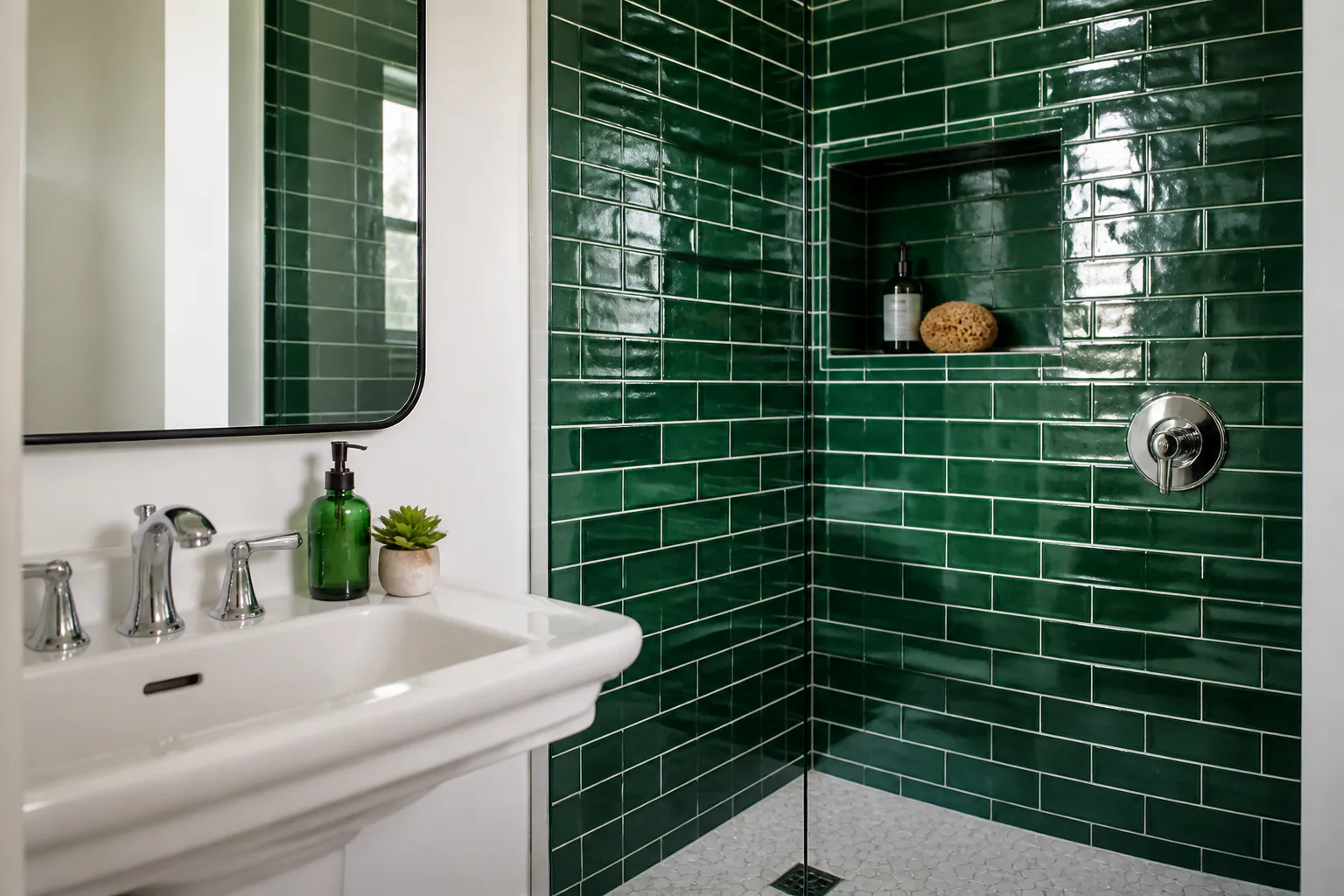Green tiled shower and sink