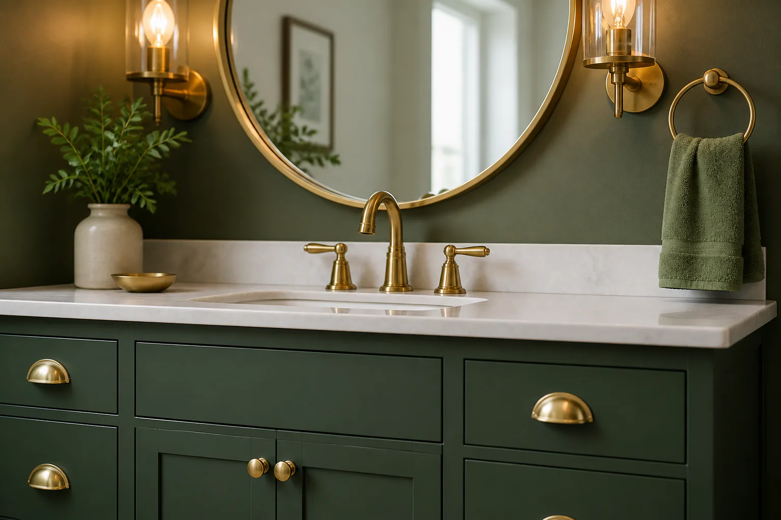 Green bathroom vanity with brass fixtures