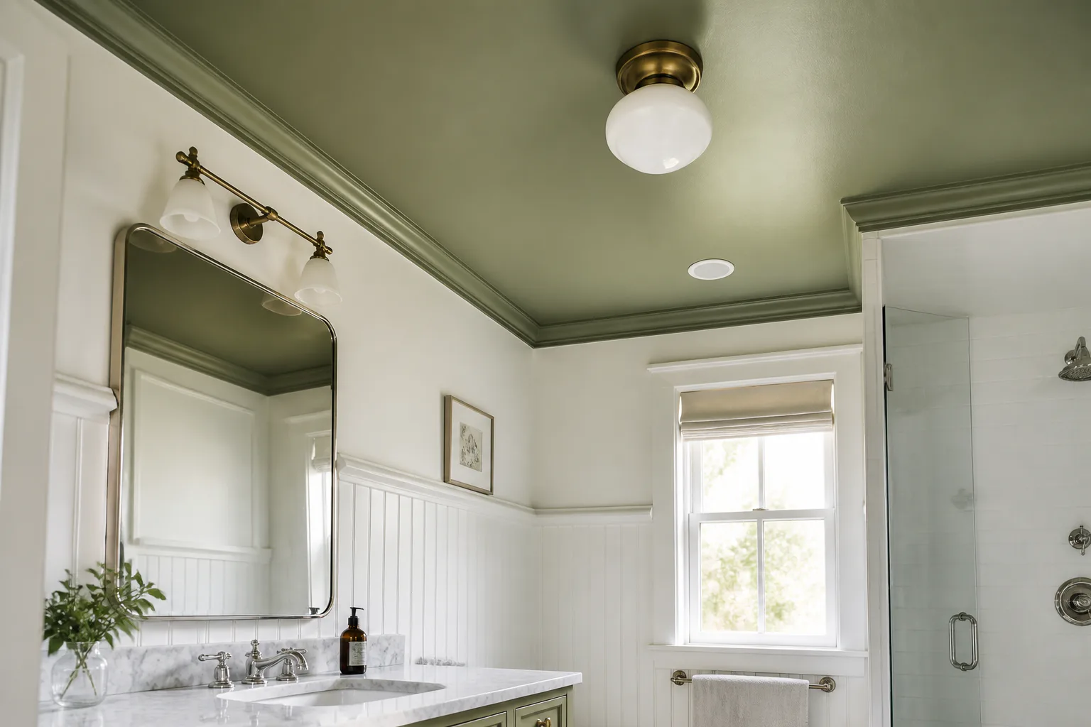 Bright bathroom with green ceiling