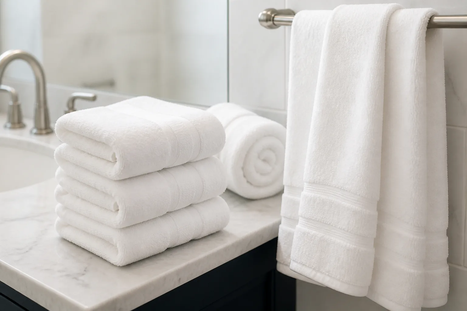 Clean white towels in bathroom