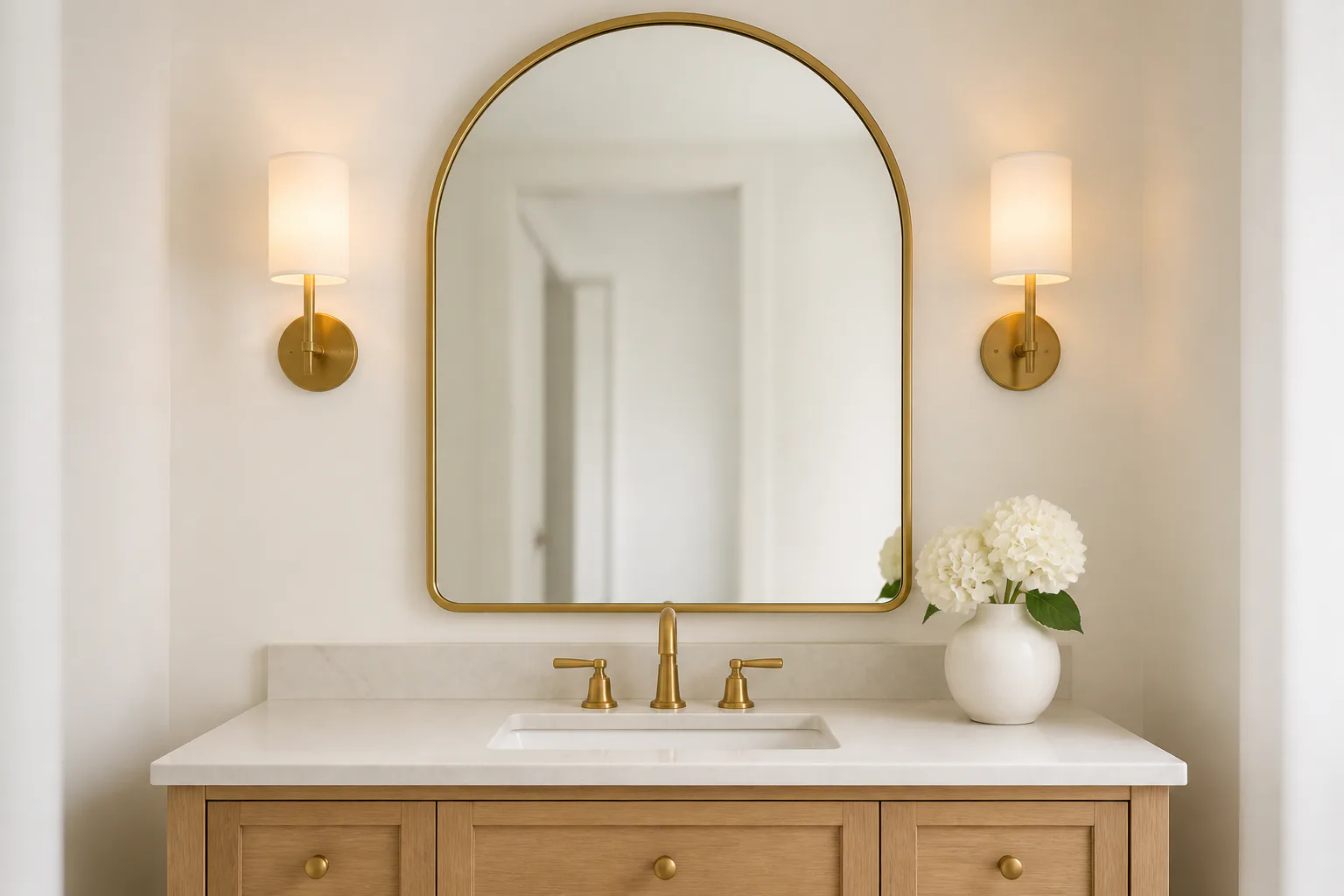 Modern bathroom vanity with arched mirror