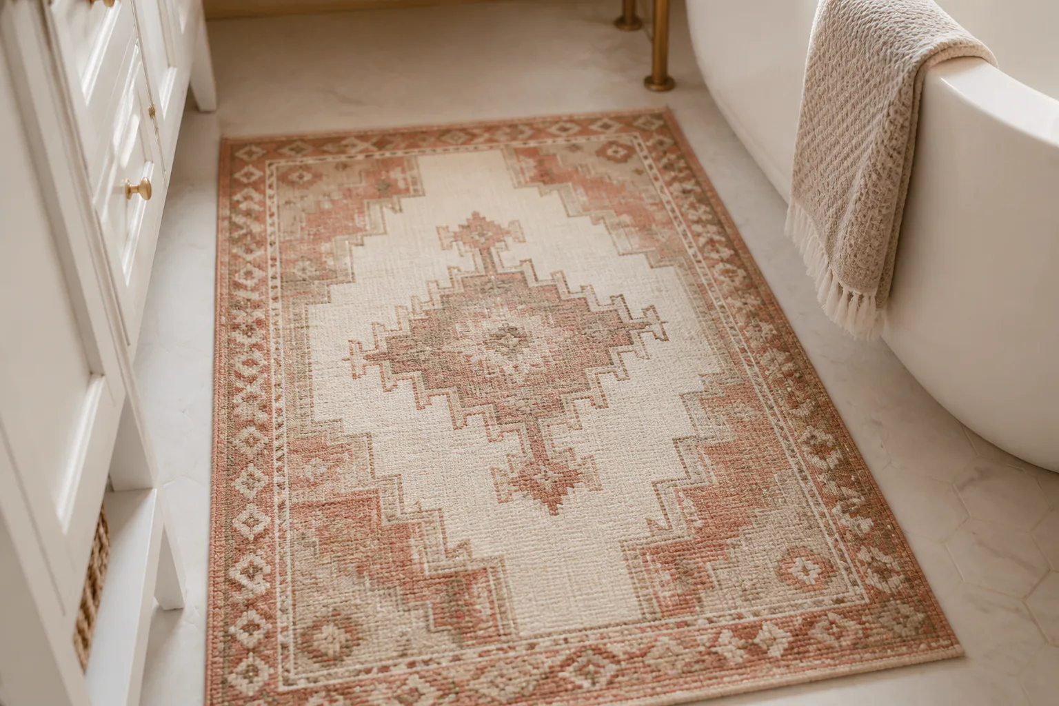 Patterned bathroom rug by bathtub