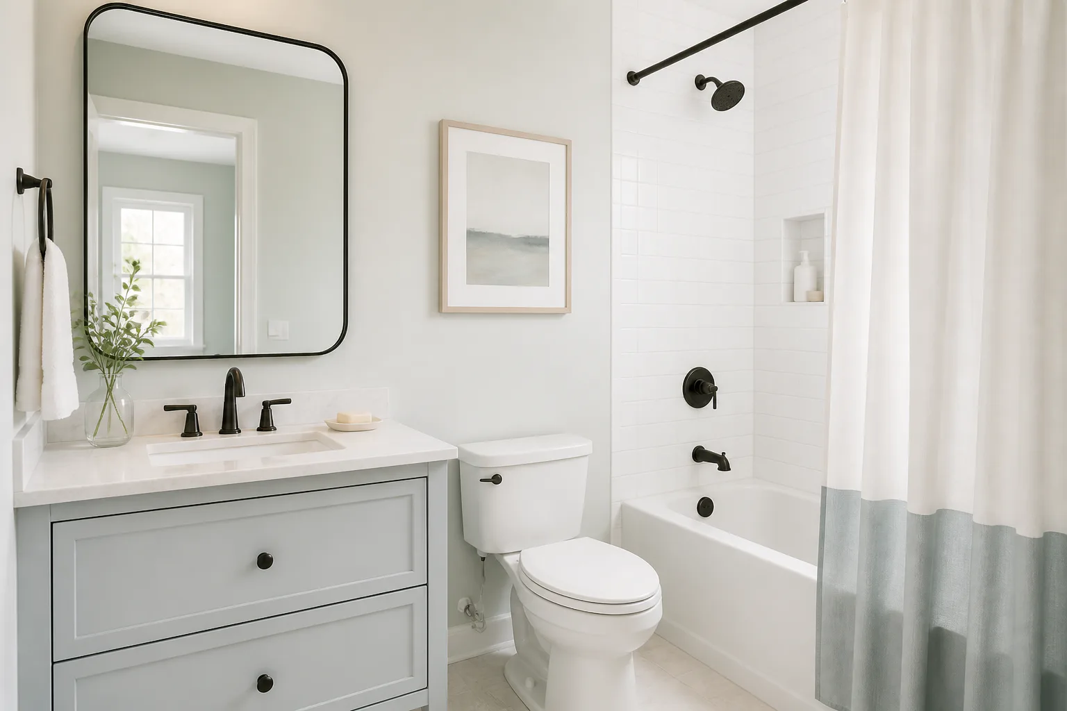 Modern white bathroom with tub shower