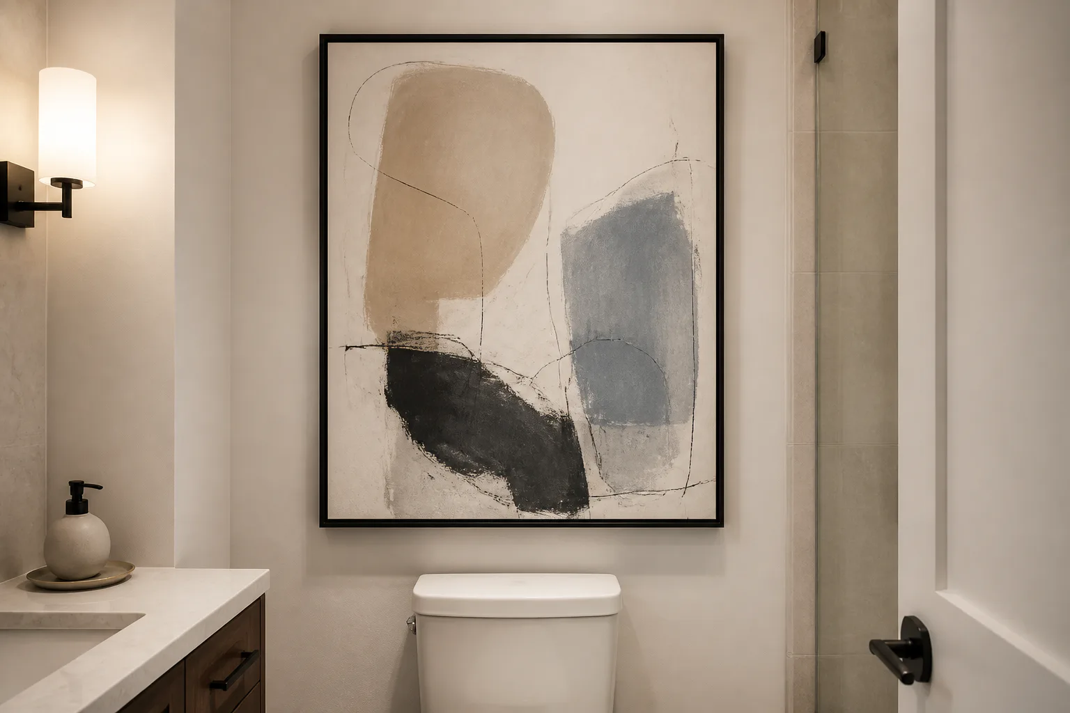 Modern bathroom with abstract wall art