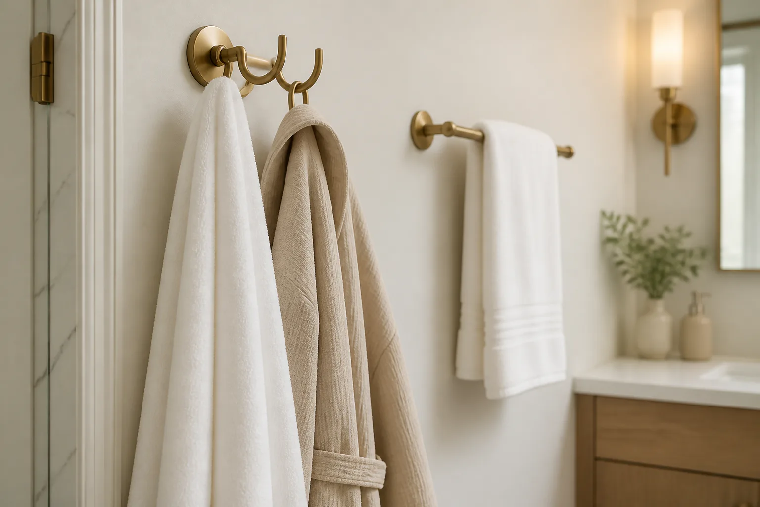 Bathroom towels and robe on brass hooks