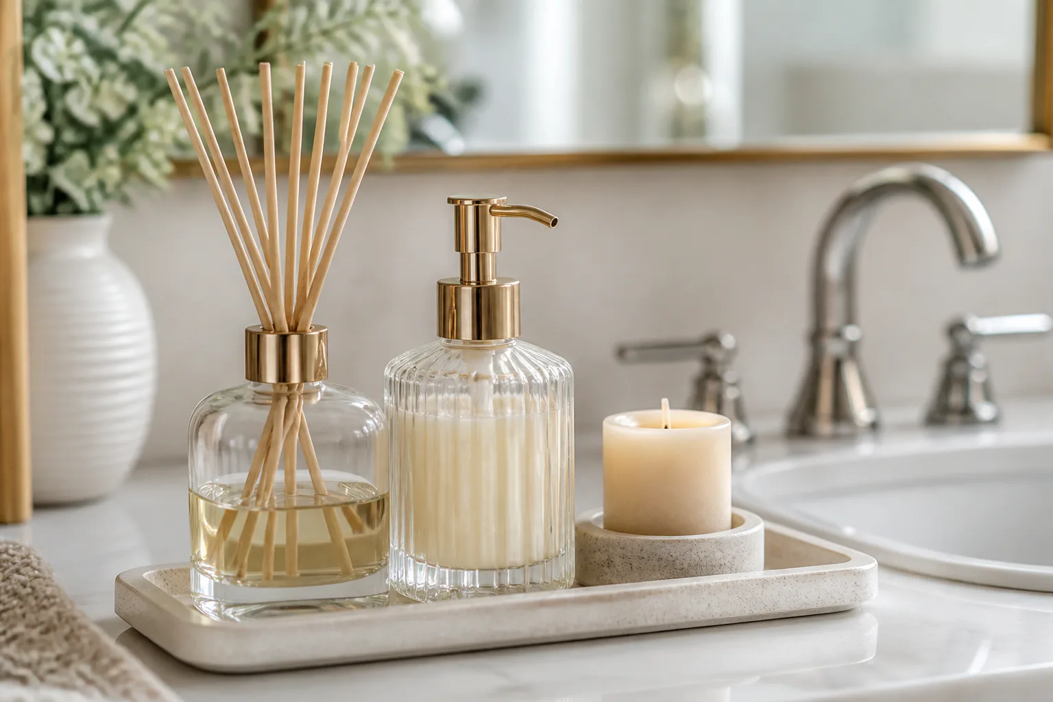 Bathroom tray with diffuser, soap, candle