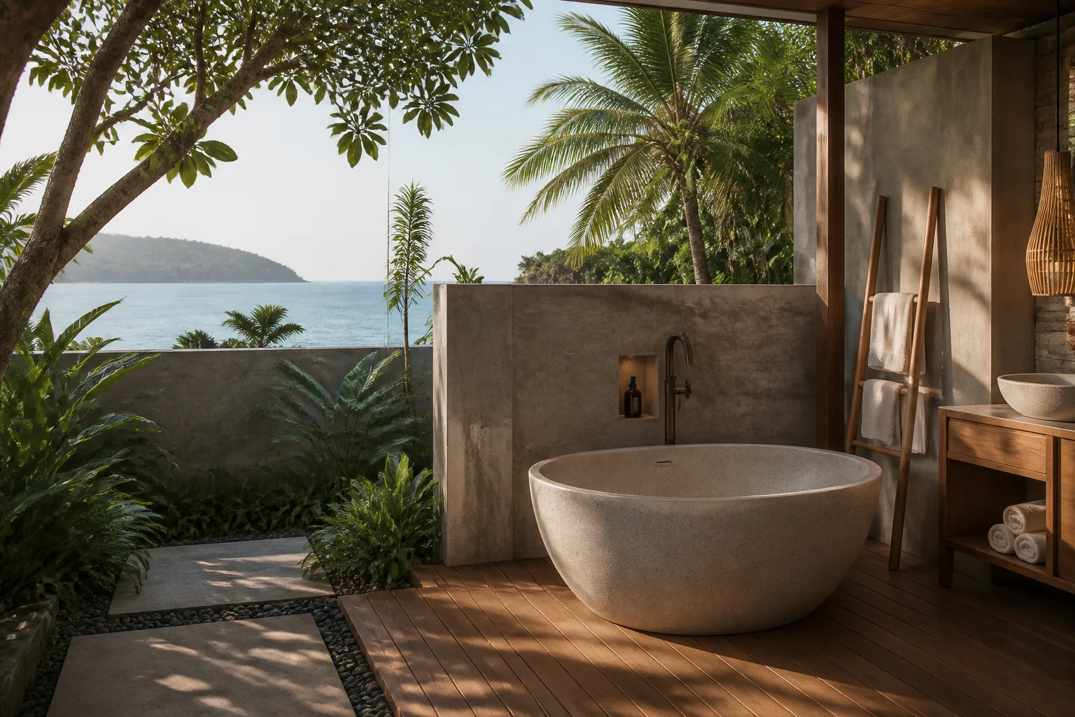 Open-air tropical bathroom with ocean view