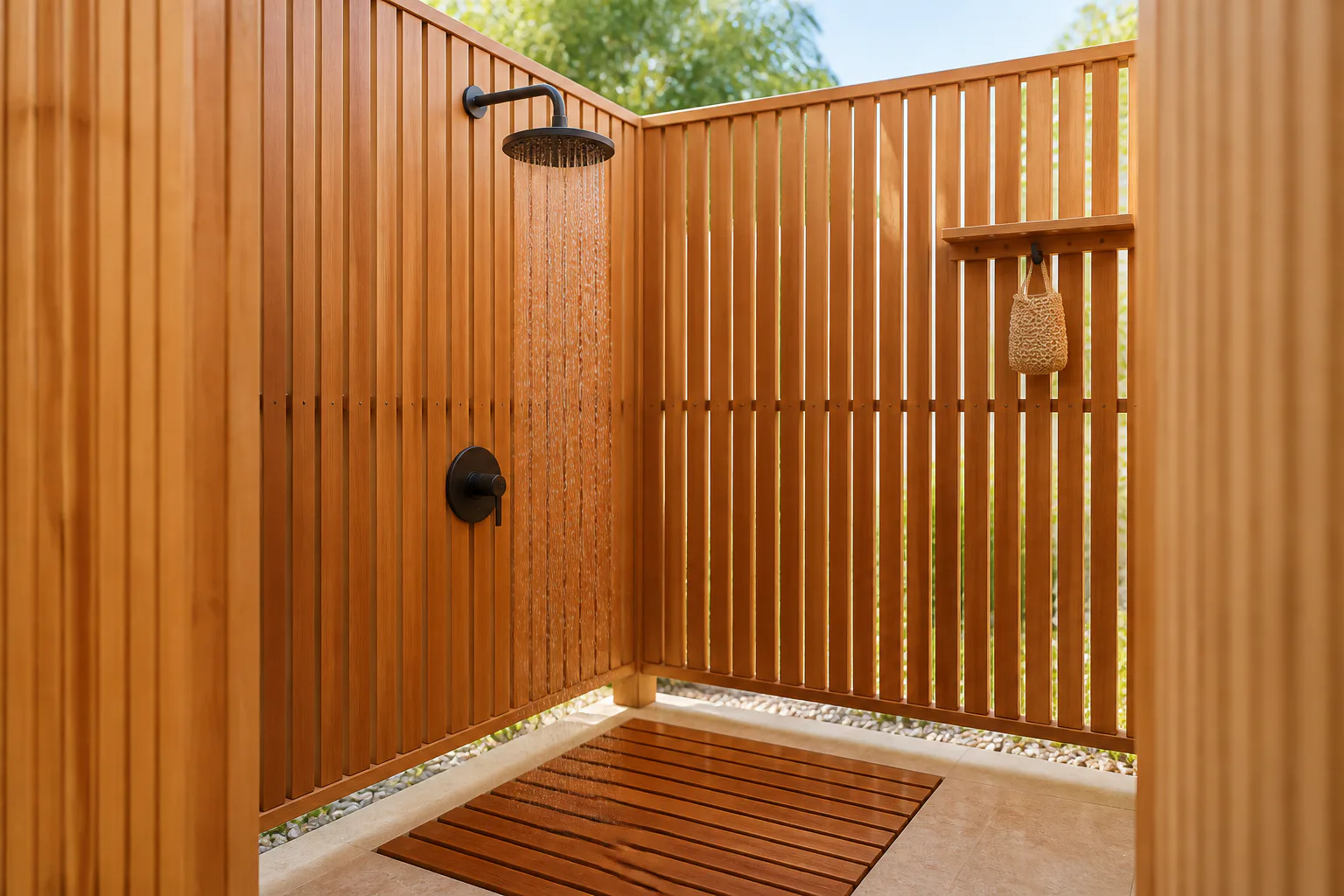 Outdoor wooden shower enclosure