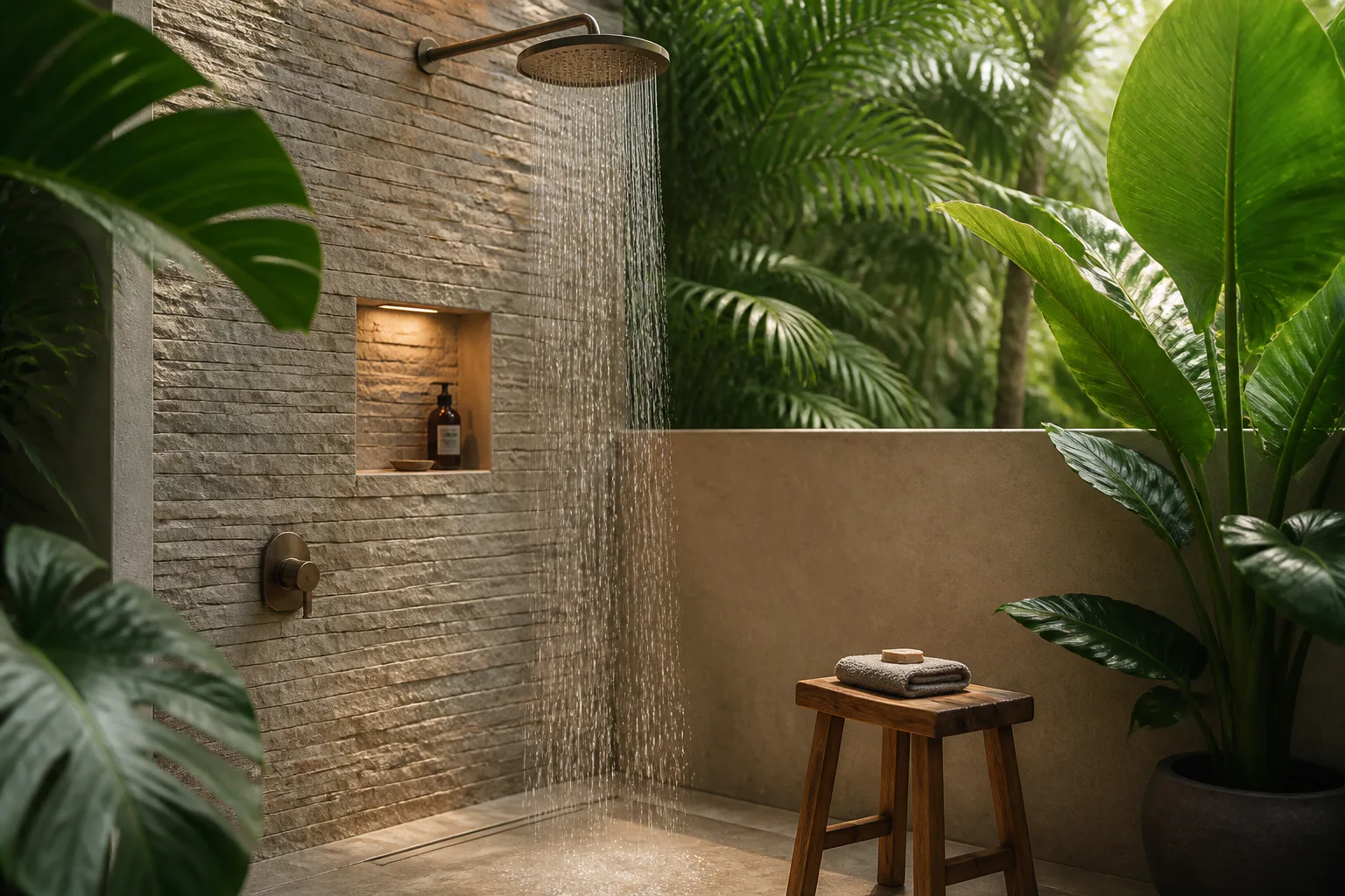 Tropical outdoor shower with plants