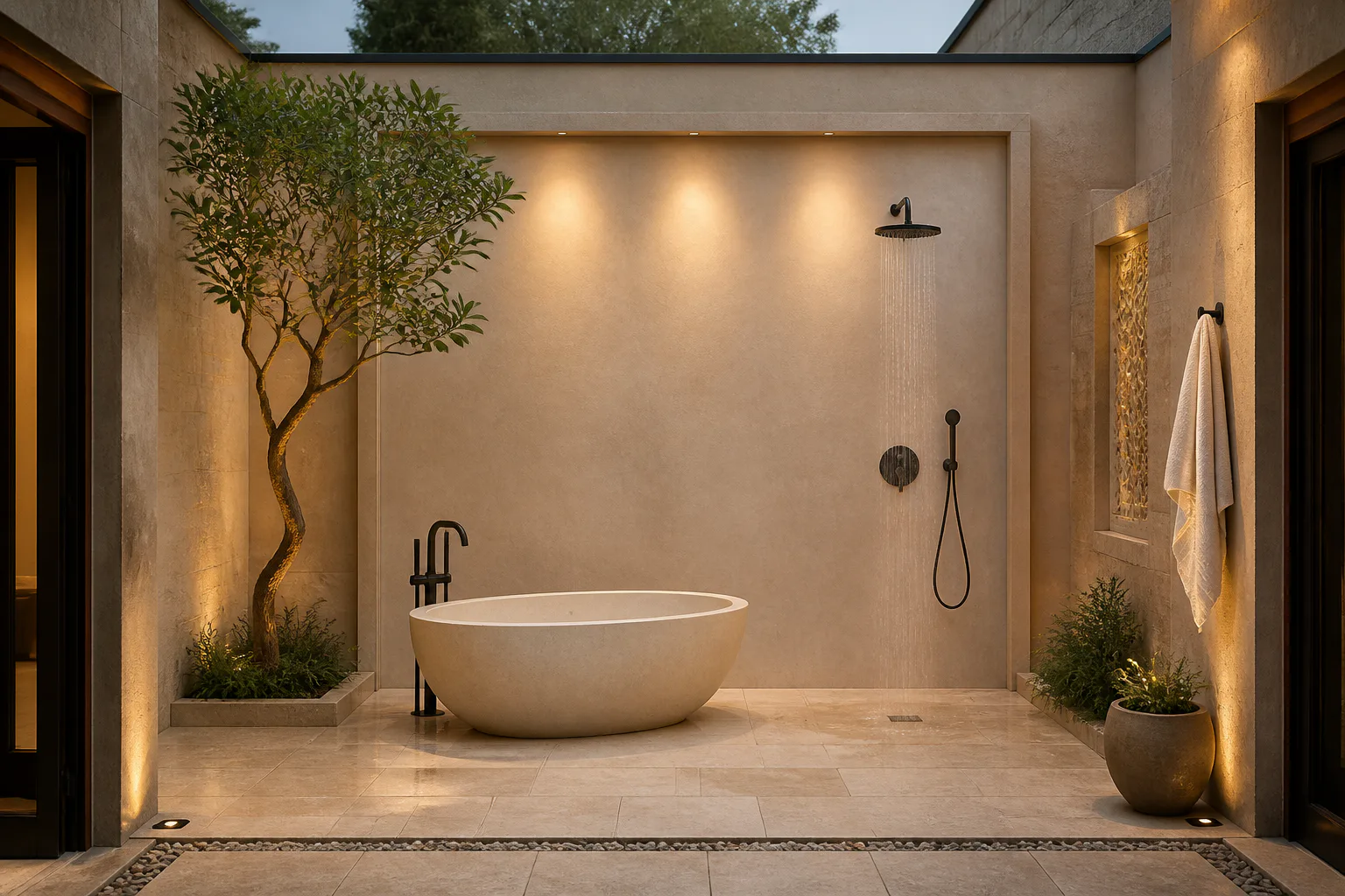Luxury outdoor bathroom with tub and shower