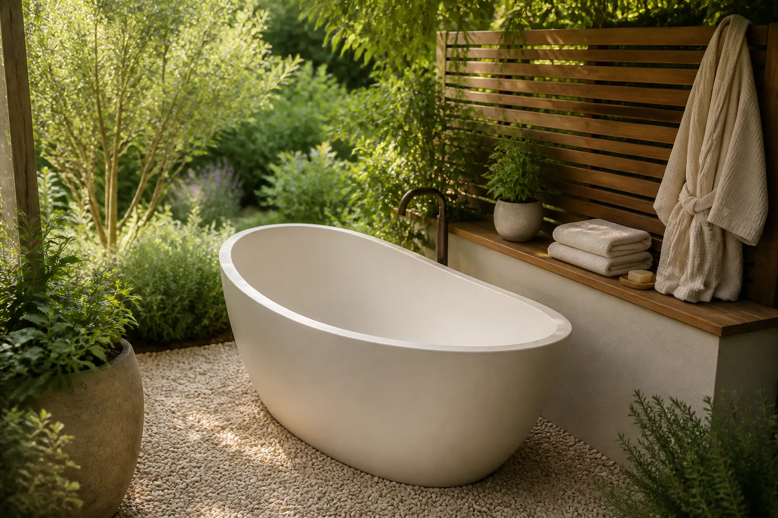 Outdoor bathtub in lush garden