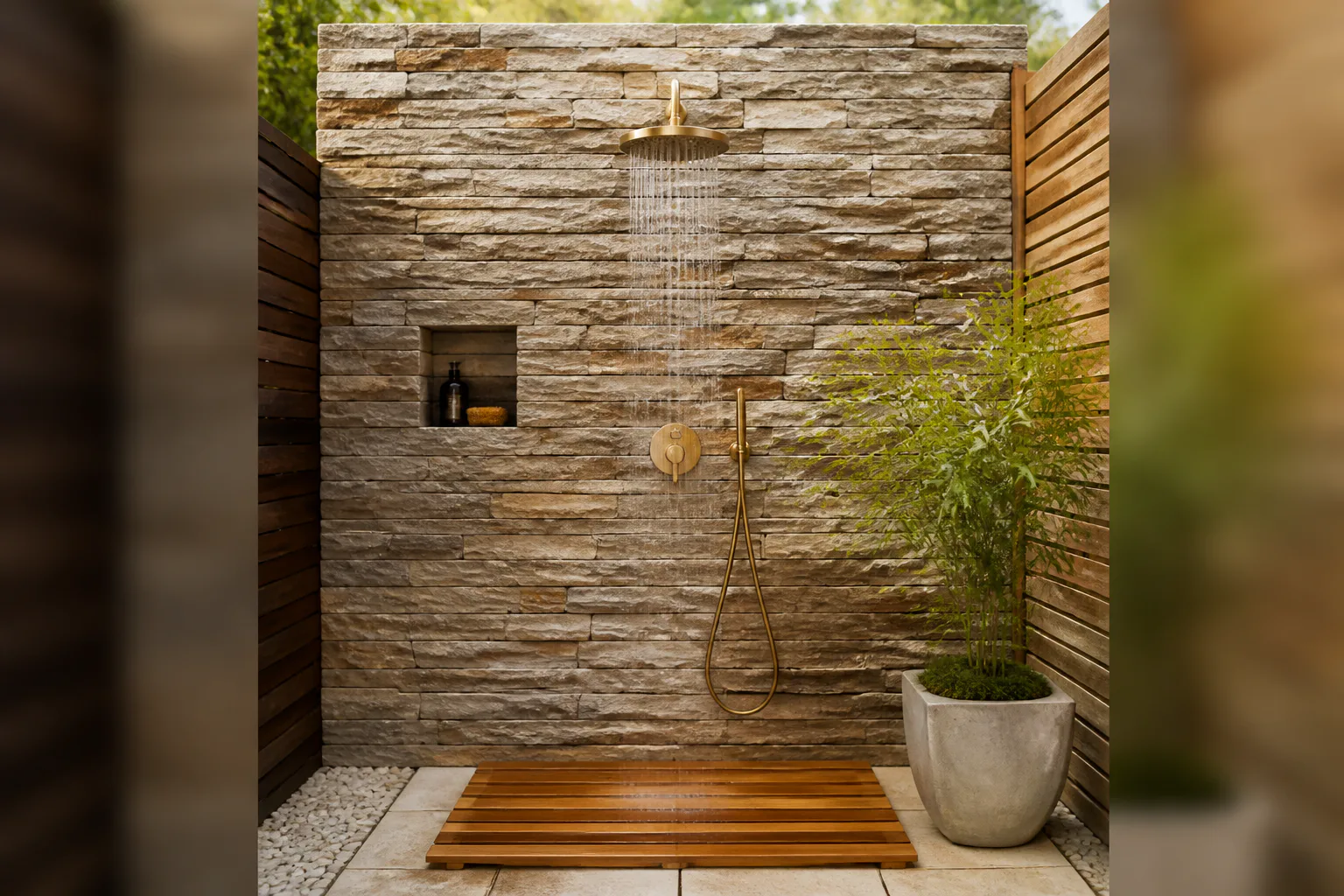 Modern outdoor stone wall shower