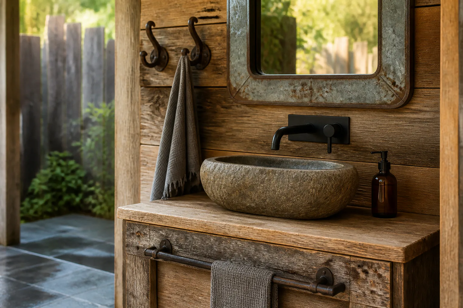 Rustic bathroom vanity with stone sink