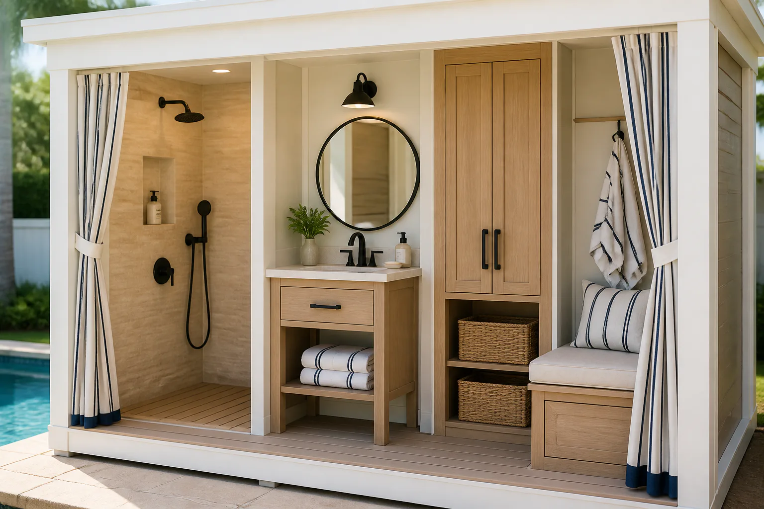 Outdoor poolside shower and vanity cabana