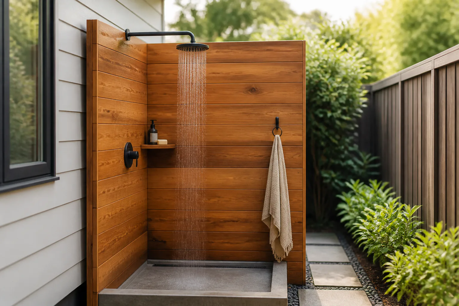 Modern outdoor wooden shower