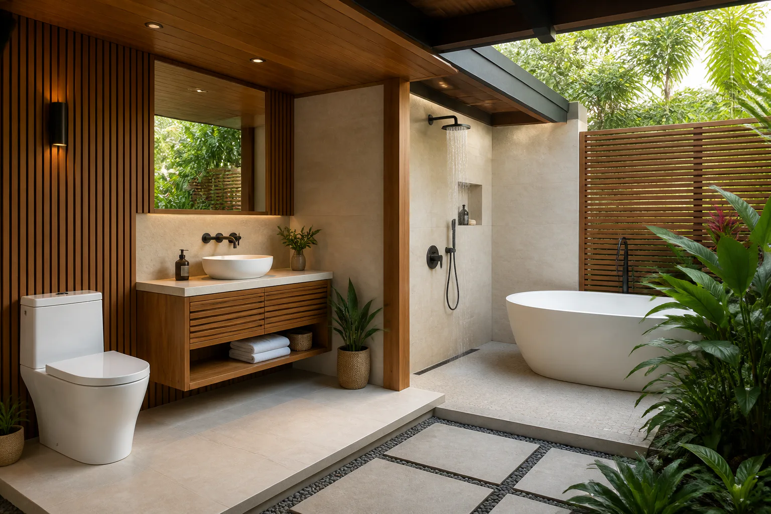 Modern tropical outdoor bathroom