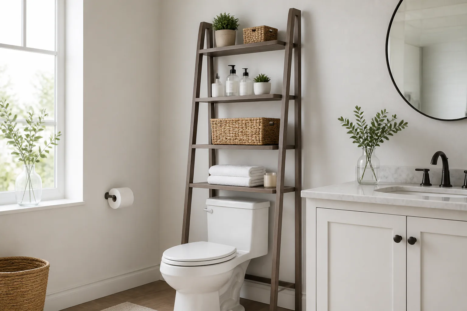 Bathroom with over-toilet ladder shelf
