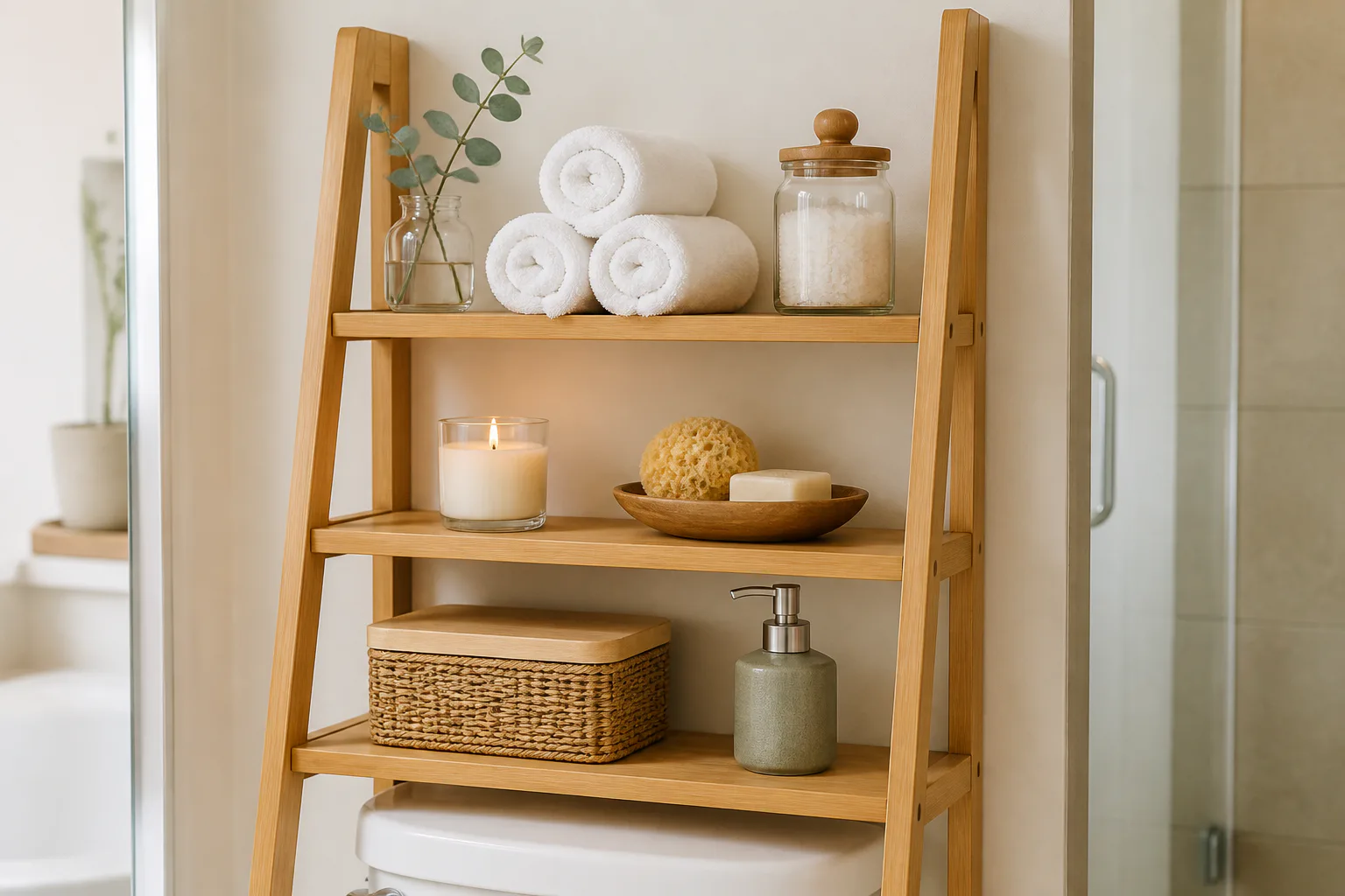 Bathroom shelf with towels and toiletries