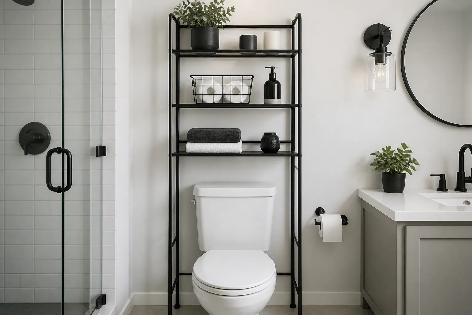 Modern bathroom with over-toilet shelf