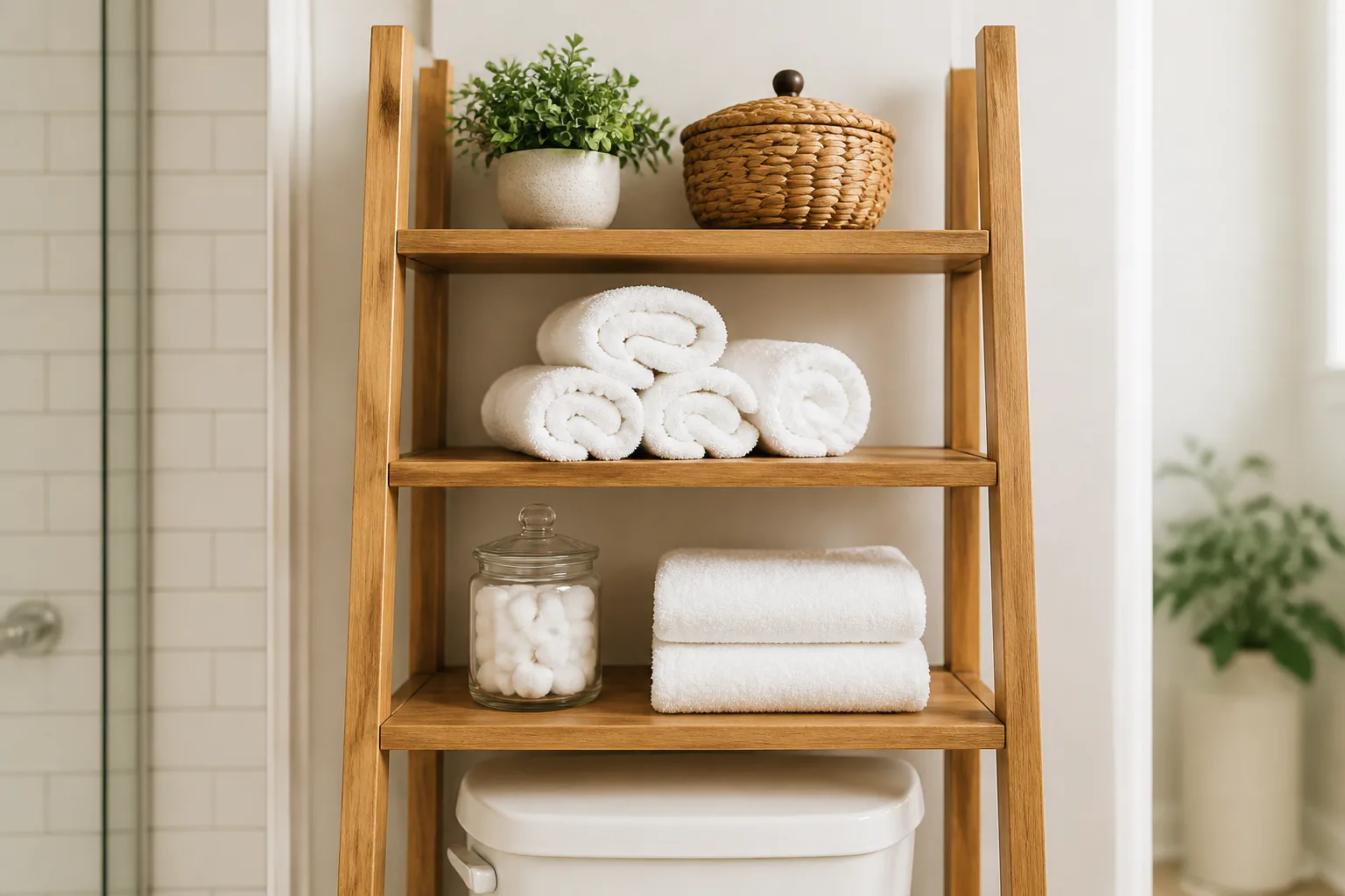Bathroom shelf with towels and basket