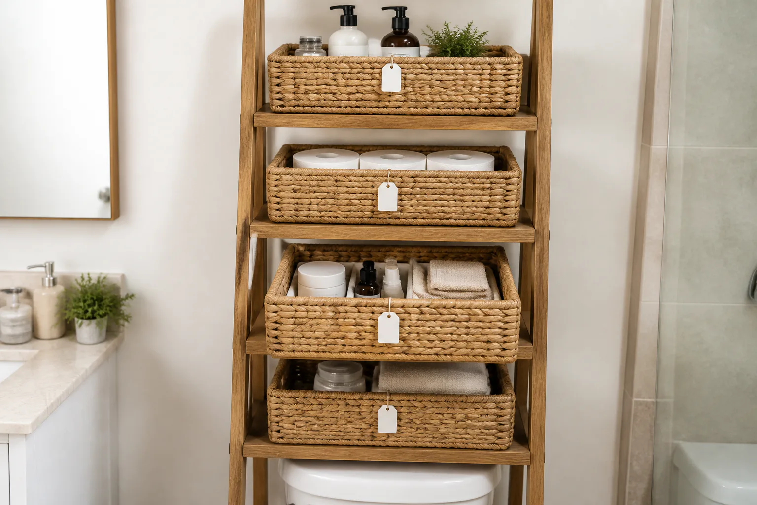 Bathroom shelf with woven storage baskets