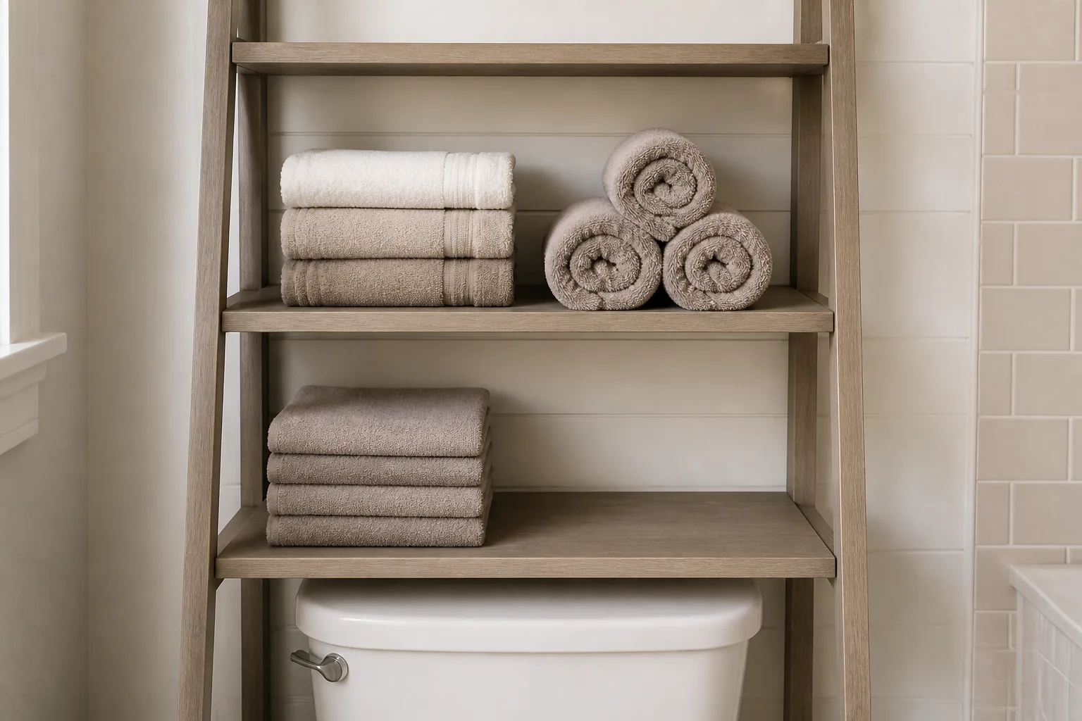 Bathroom shelf with folded towels