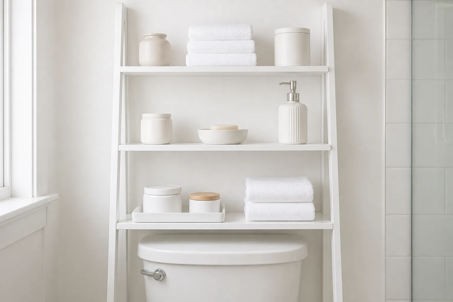 Minimalist bathroom shelf over toilet