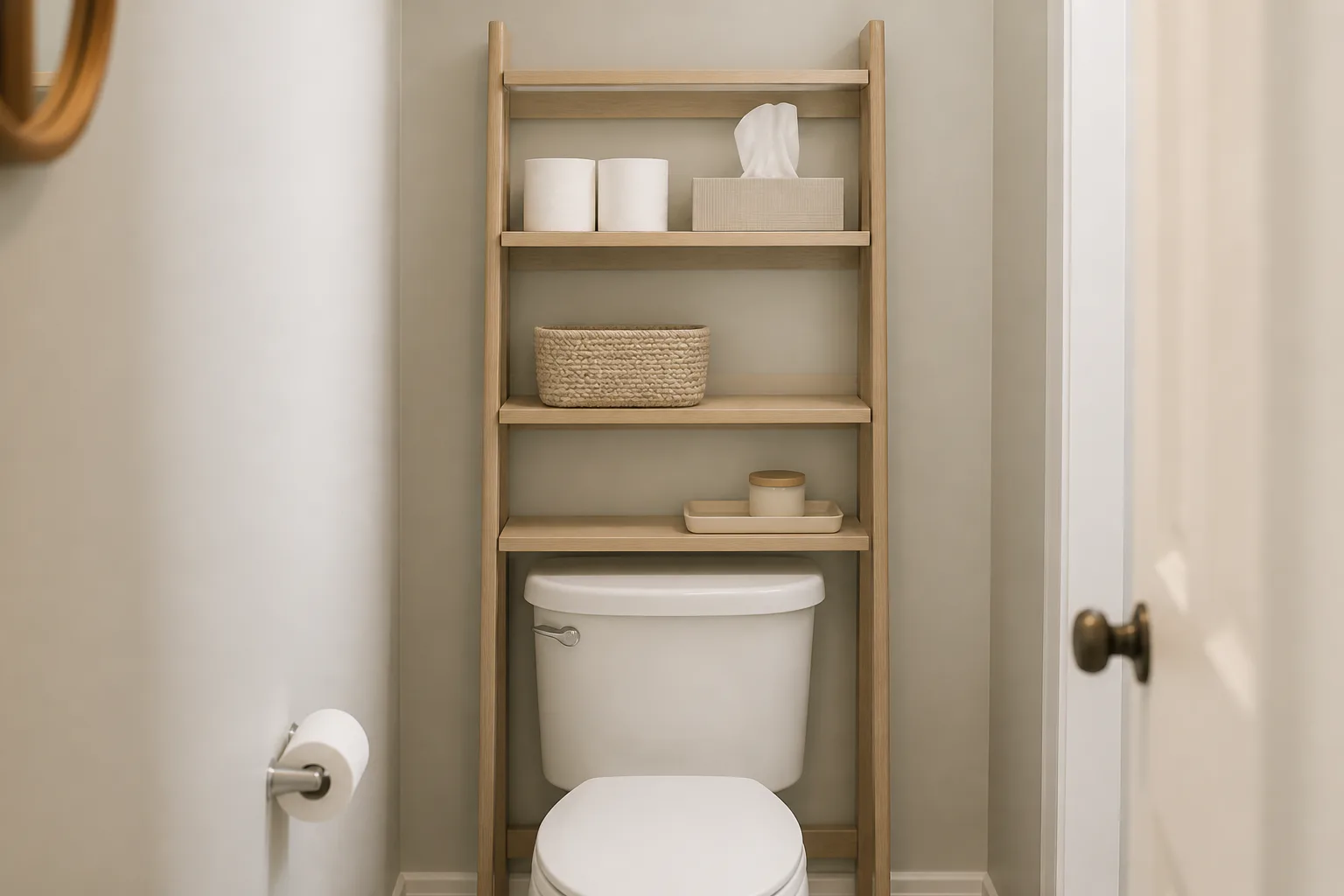 Bathroom toilet with wooden storage shelf