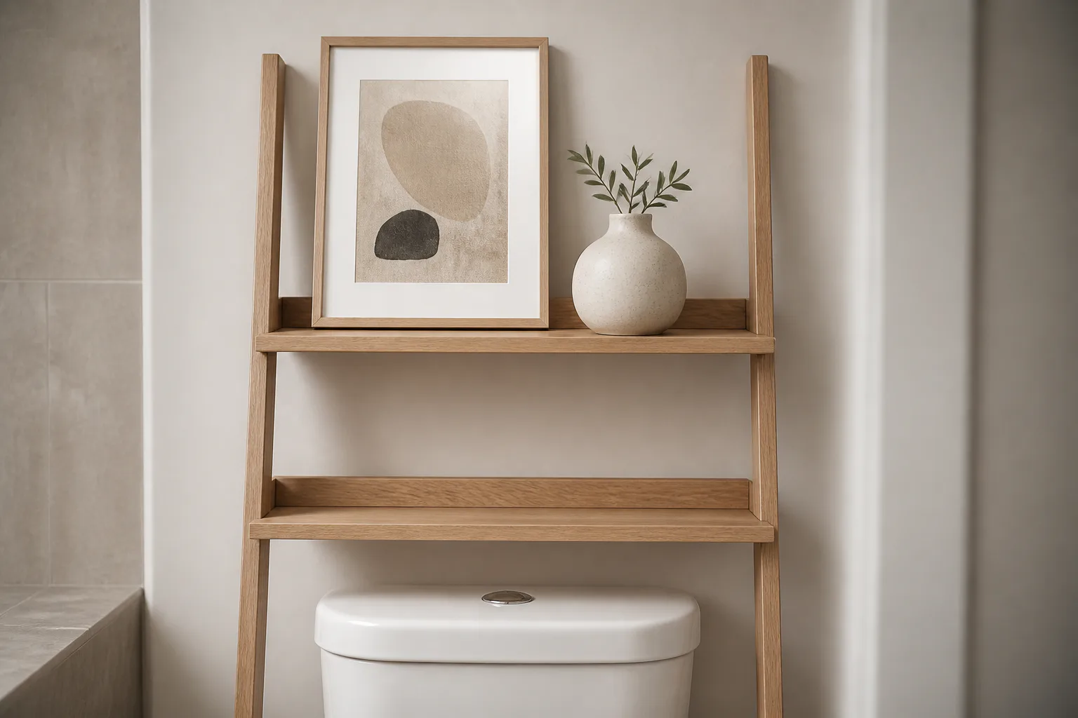 Bathroom shelf with framed art and vase