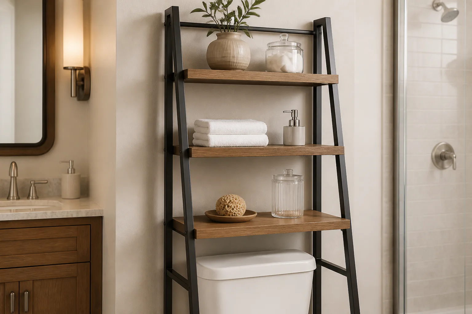 Bathroom ladder shelf with towels