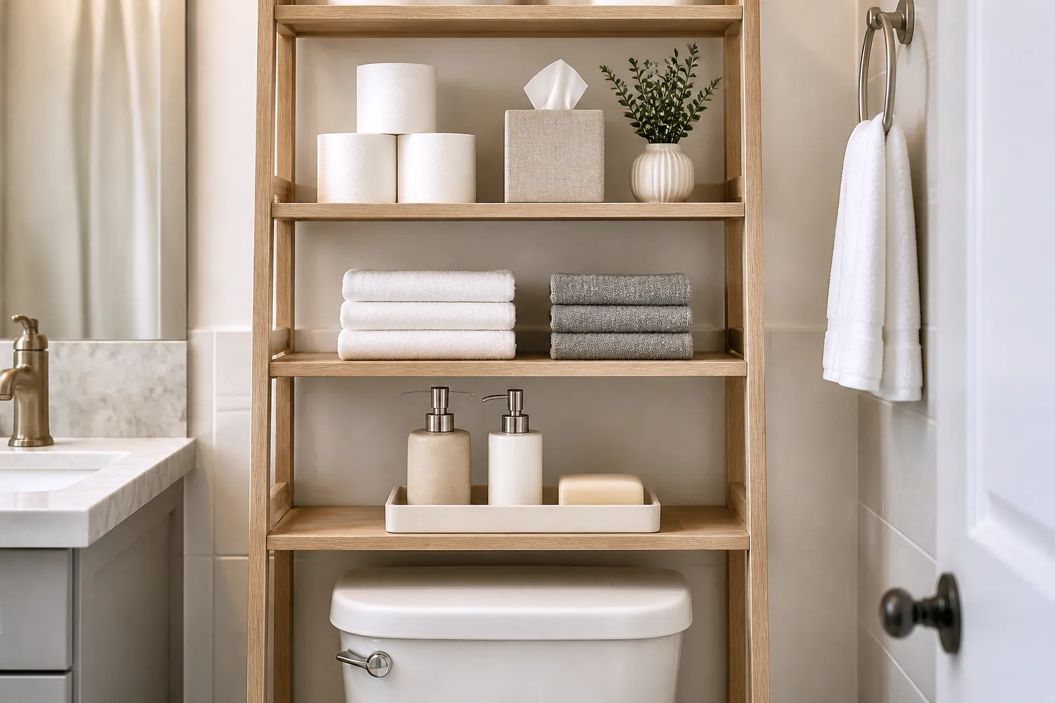 Bathroom shelf with towels and toiletries