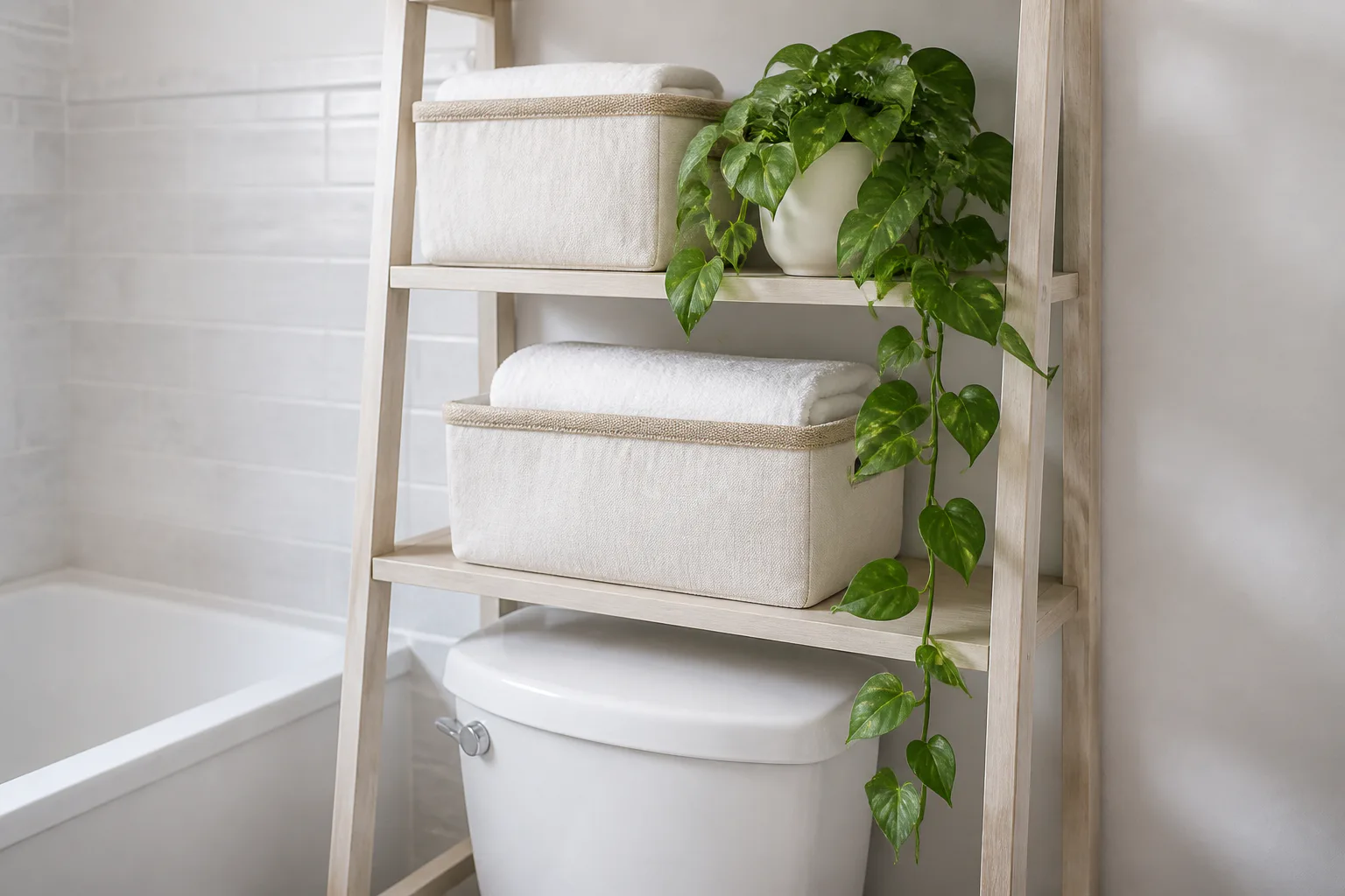 Bathroom shelf with towels and plant