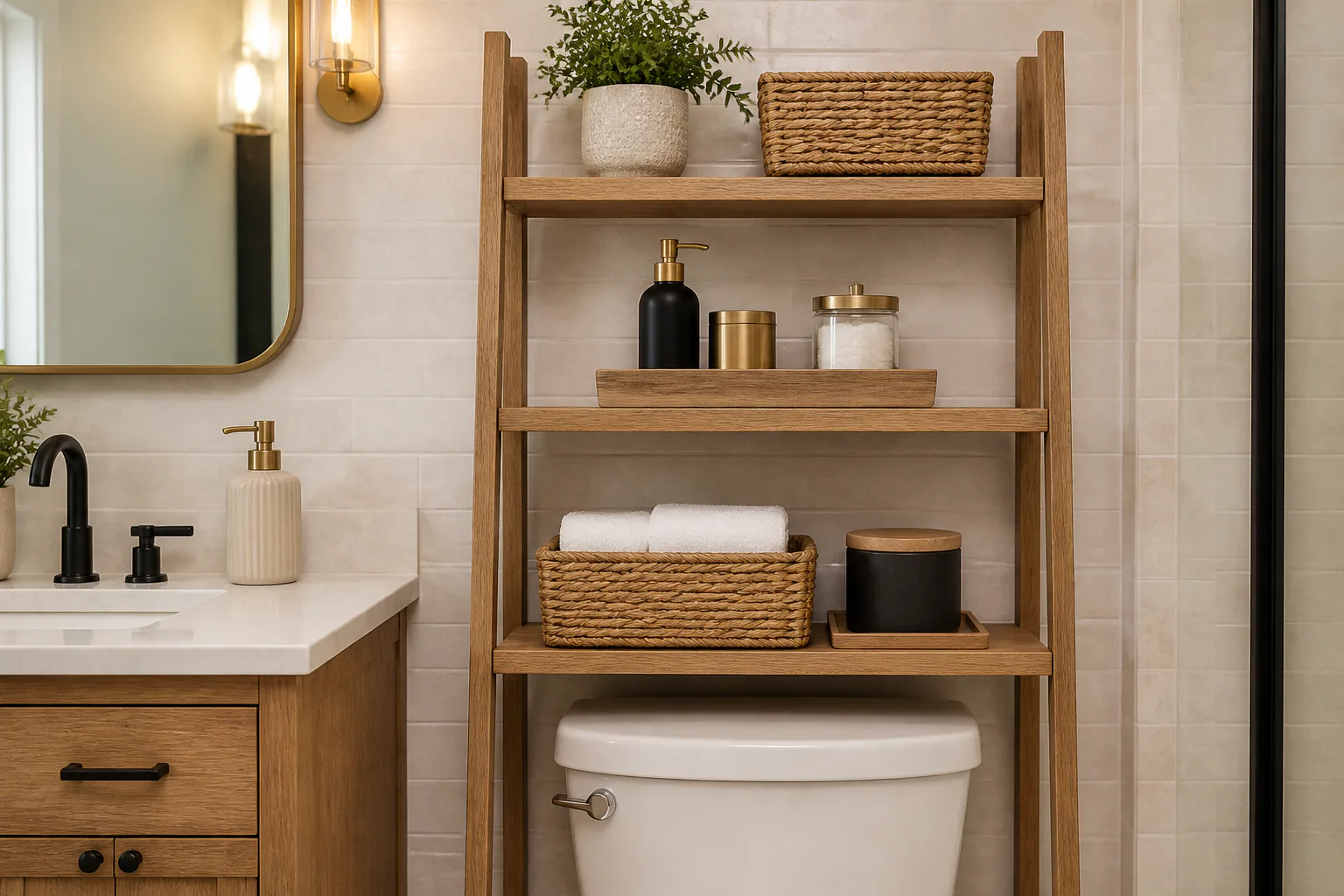 Bathroom shelf over toilet with baskets