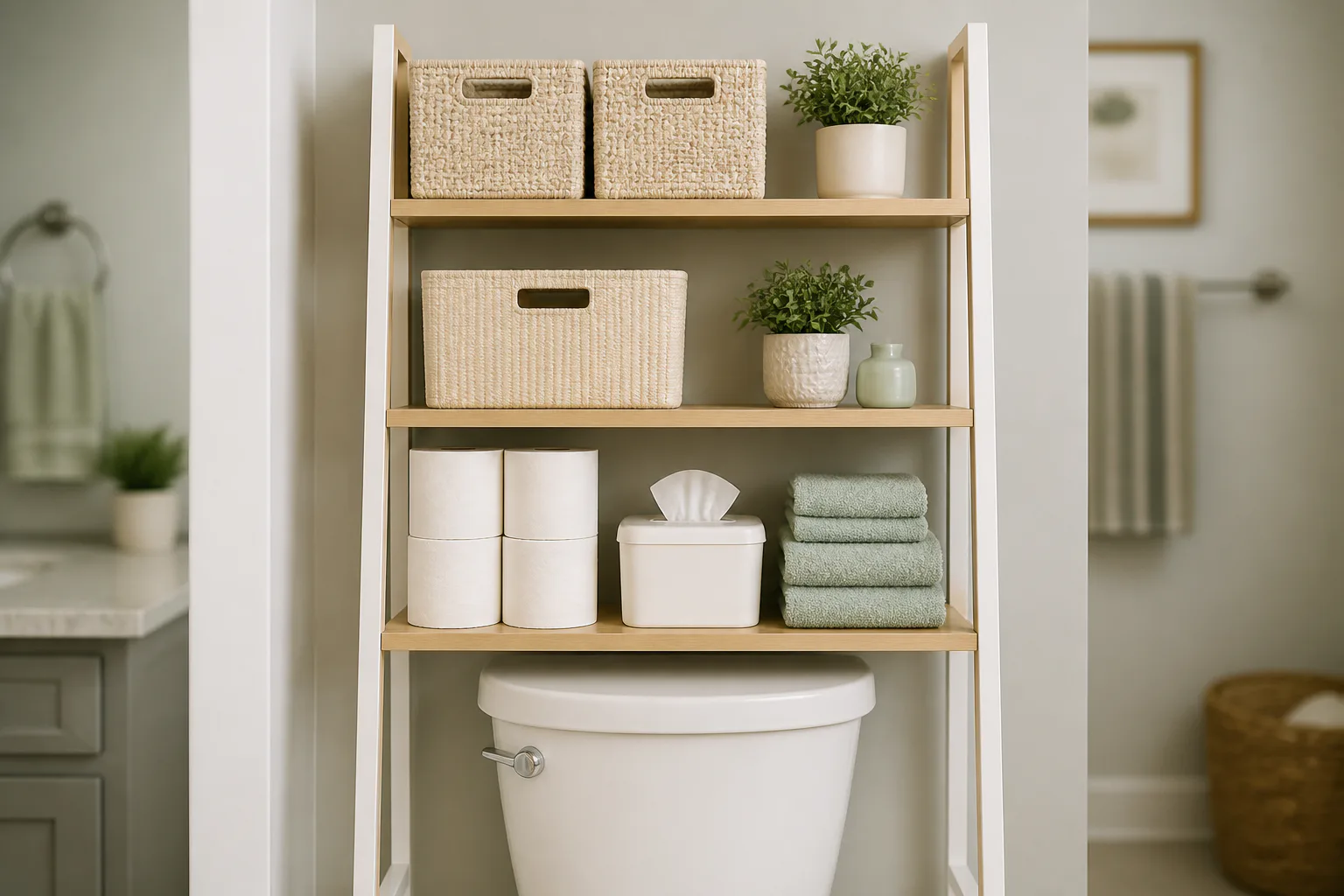 Organized bathroom shelf over toilet
